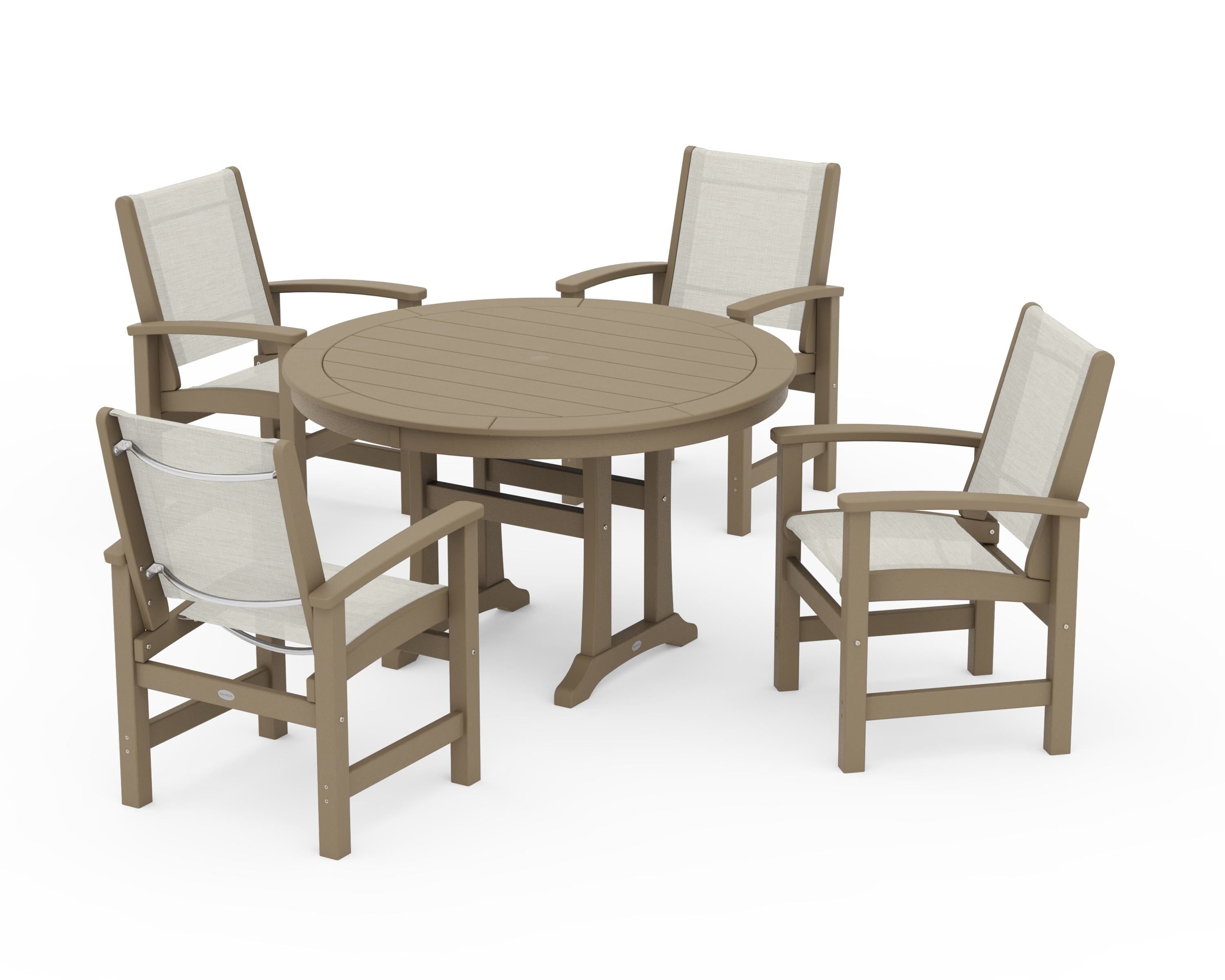 POLYWOOD Coastal 5-Piece Round Dining Set with Trestle Legs in Vintage Sahara / Parchment Sling