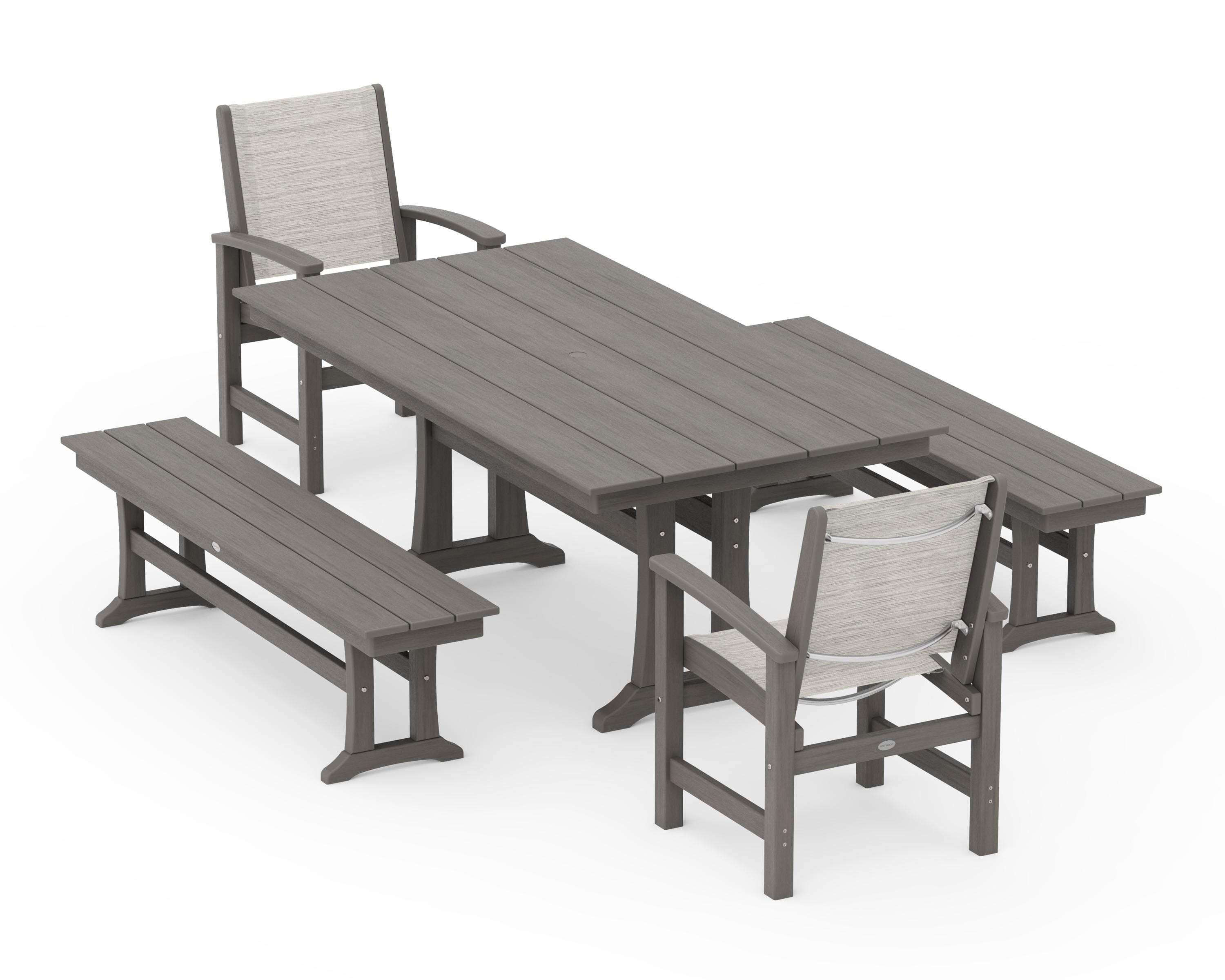 POLYWOOD Coastal 5-Piece Farmhouse Dining Set with Trestle Legs and Benches in Driftwood / Birch Sling
