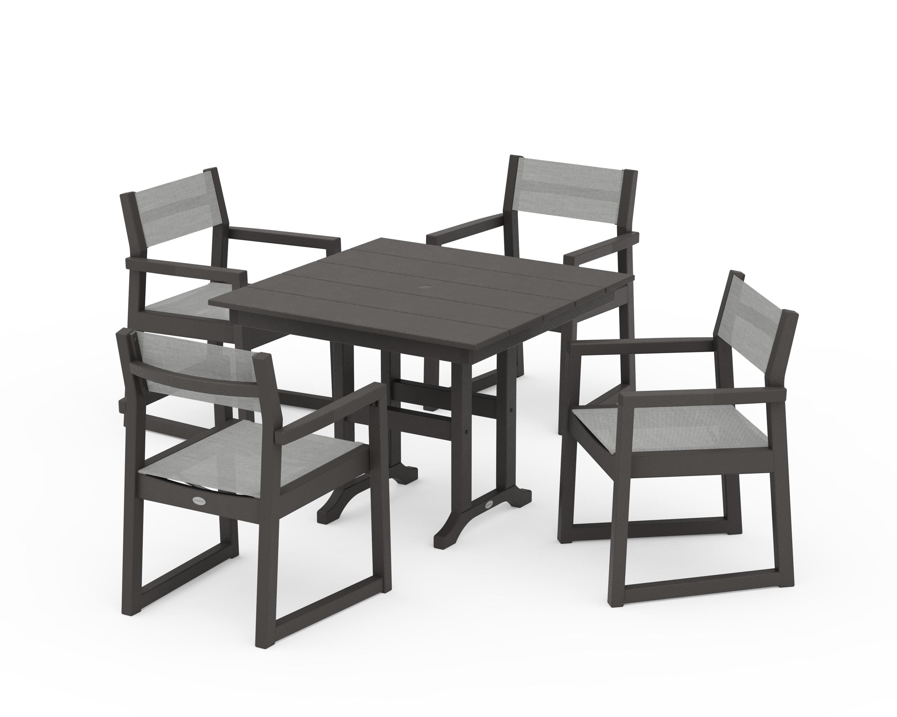 POLYWOOD EDGE Sling Arm Chair 5-Piece Farmhouse Dining Set in Vintage Coffee / Metallic Sling