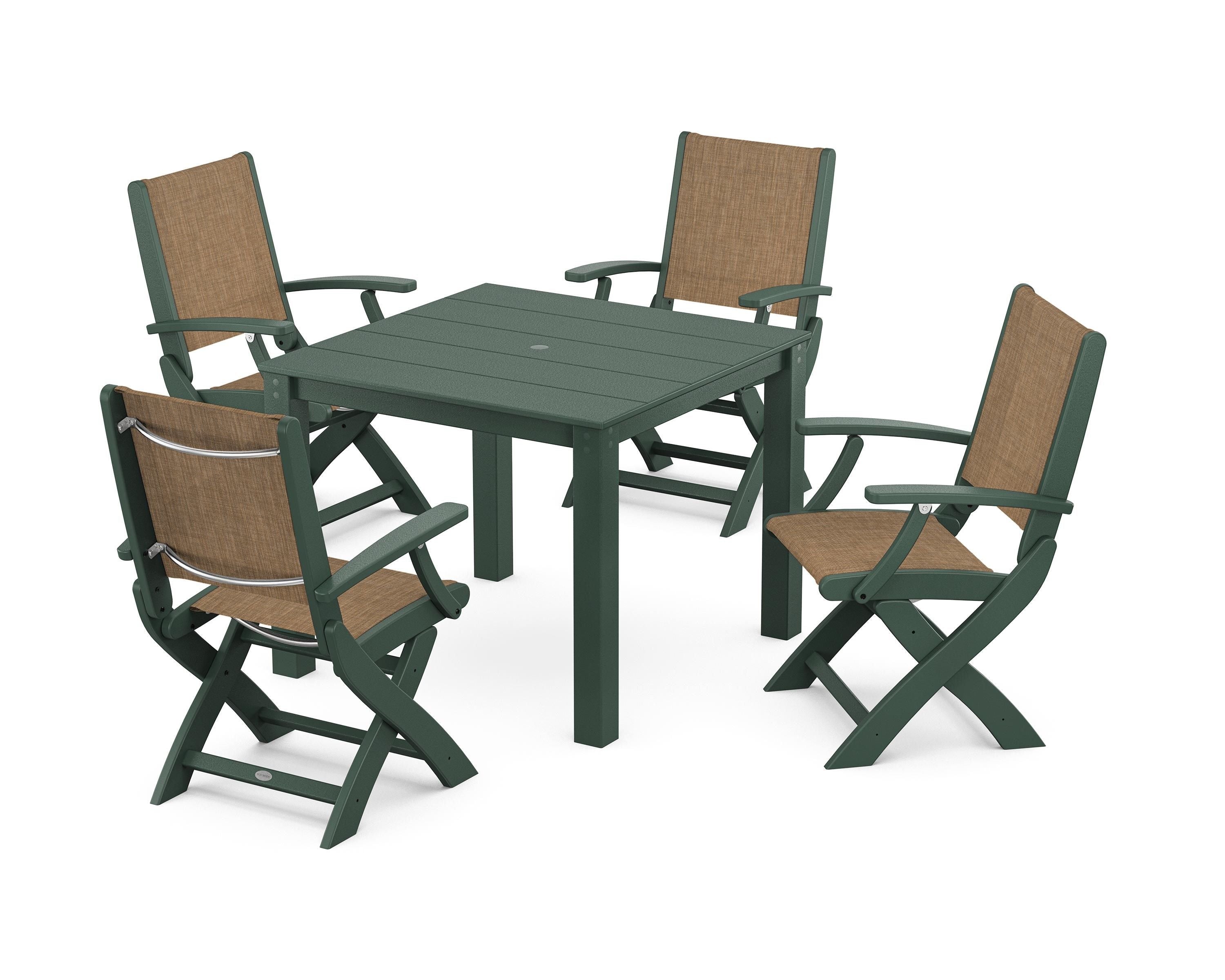POLYWOOD Coastal Folding Chair 5-Piece Parsons Dining Set in Green / Burlap Sling