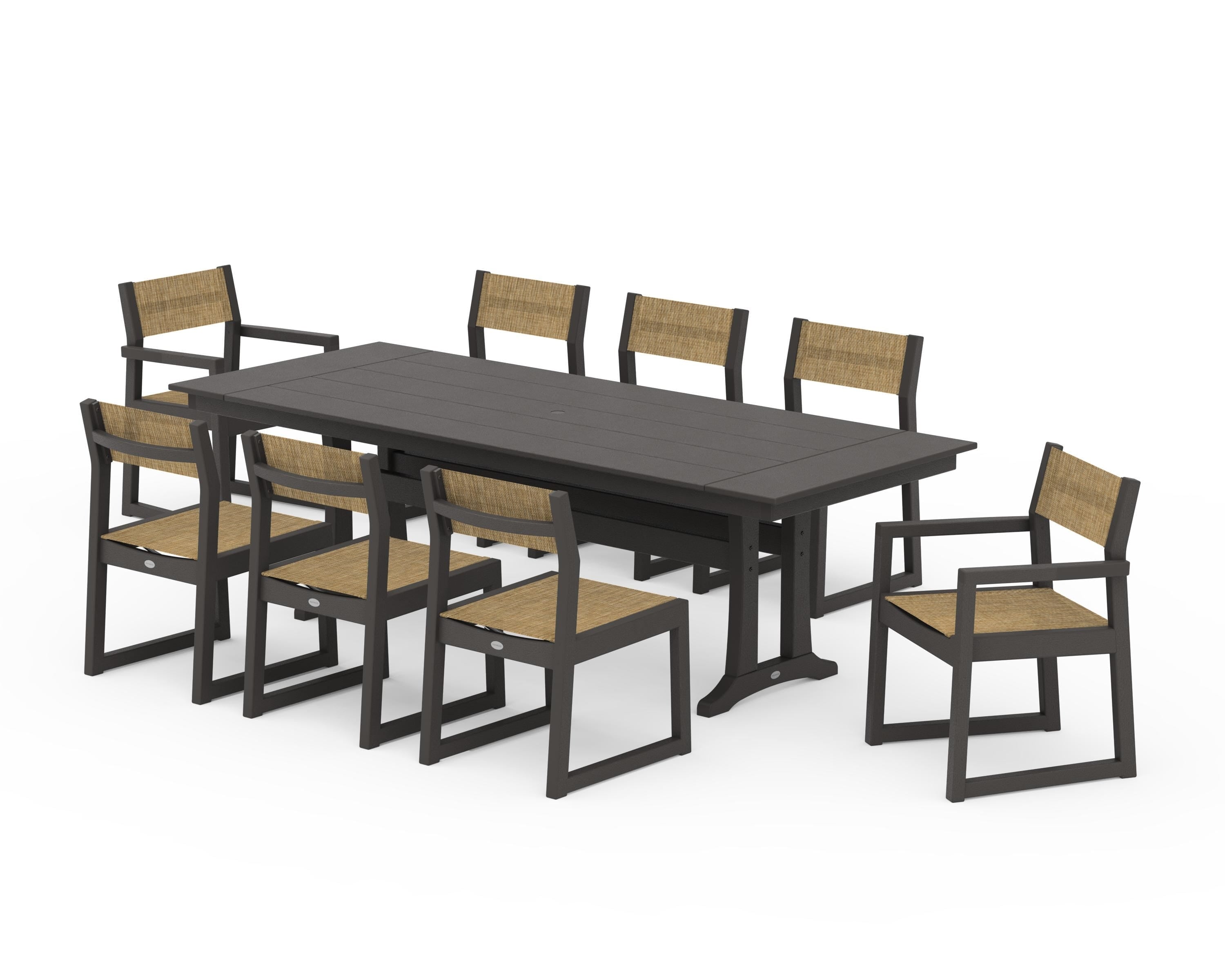 POLYWOOD EDGE Sling 9-Piece Farmhouse Trestle Dining Set in Vintage Coffee / Burlap Sling