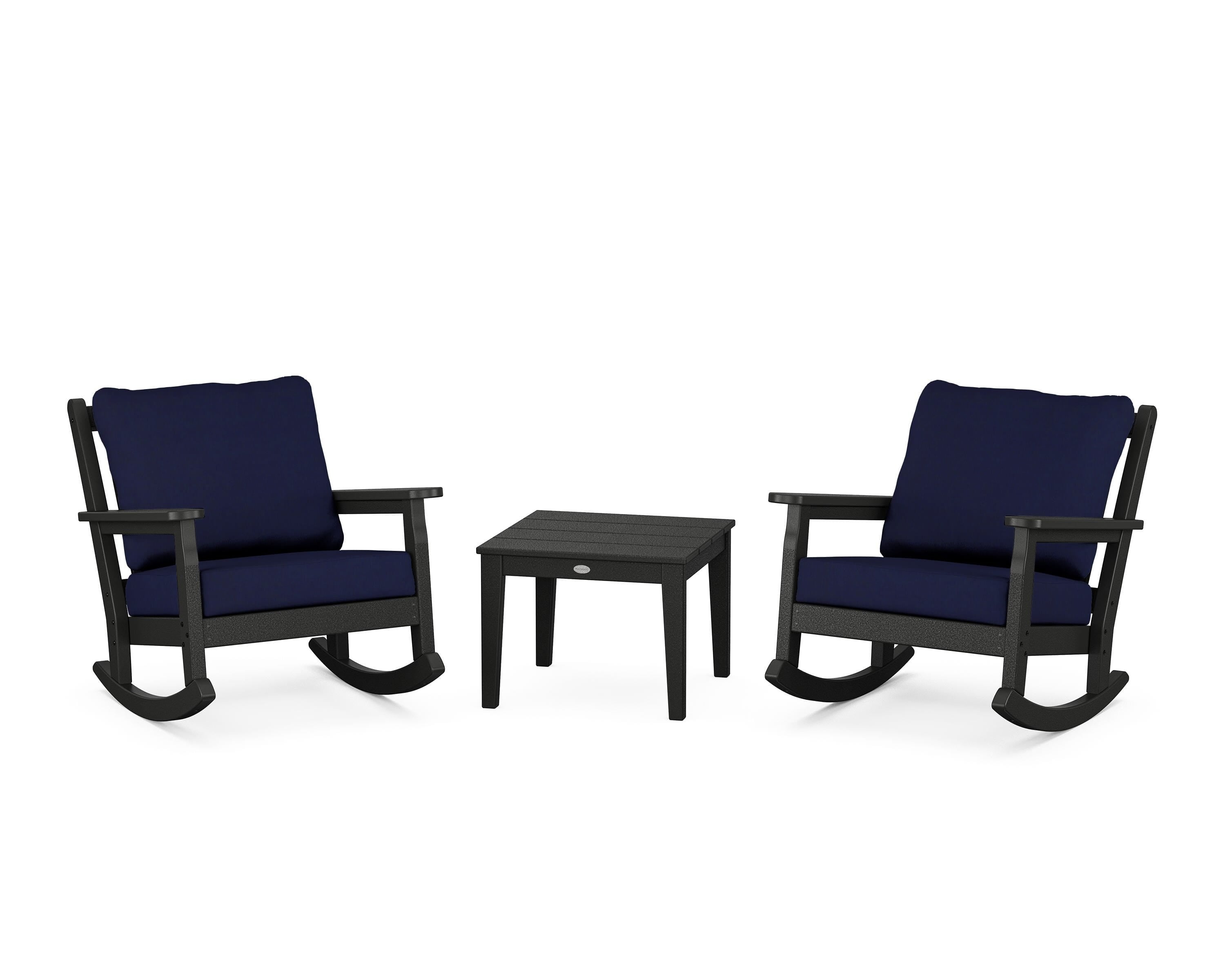 POLYWOOD Chippendale 3-Piece Deep Seating Rocker Set in Black / Navy