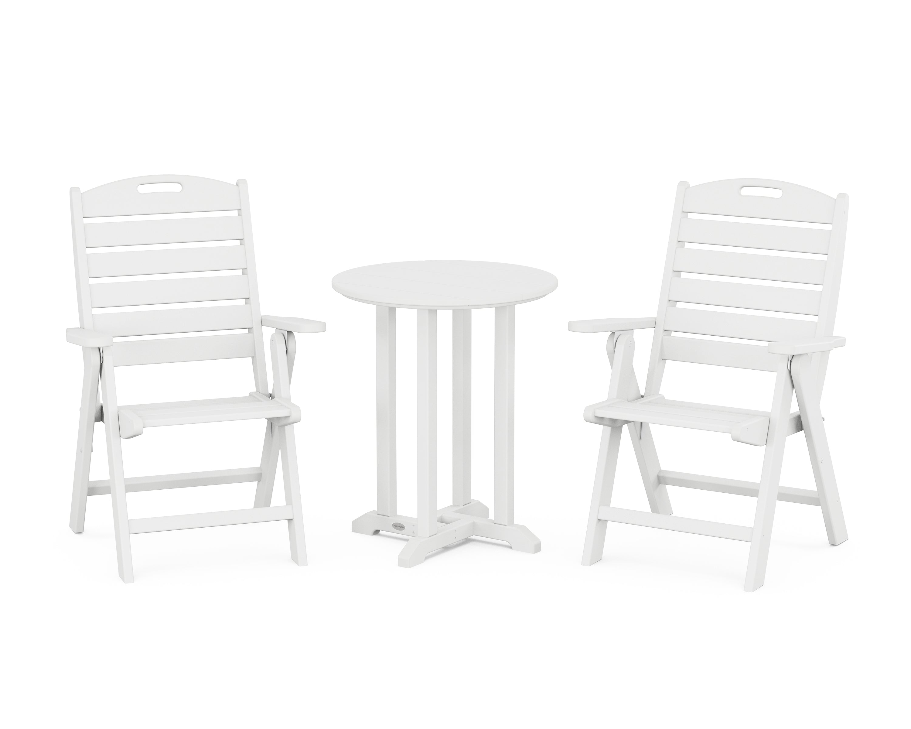 POLYWOOD Nautical Folding Highback Chair 3-Piece Round Bistro Dining Set in White