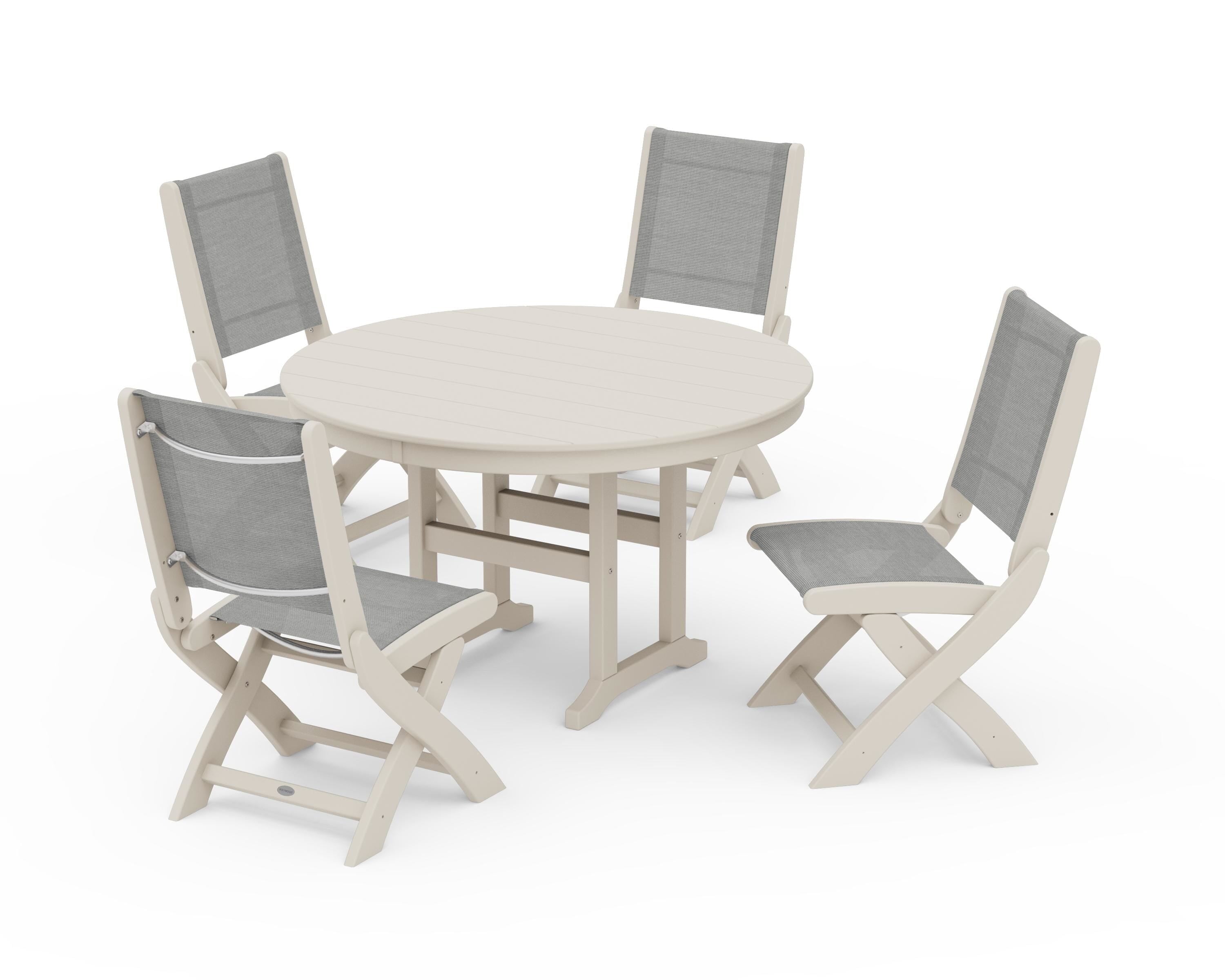 POLYWOOD Coastal Folding Side Chair 5-Piece Round Dining Set in Sand / Metallic Sling