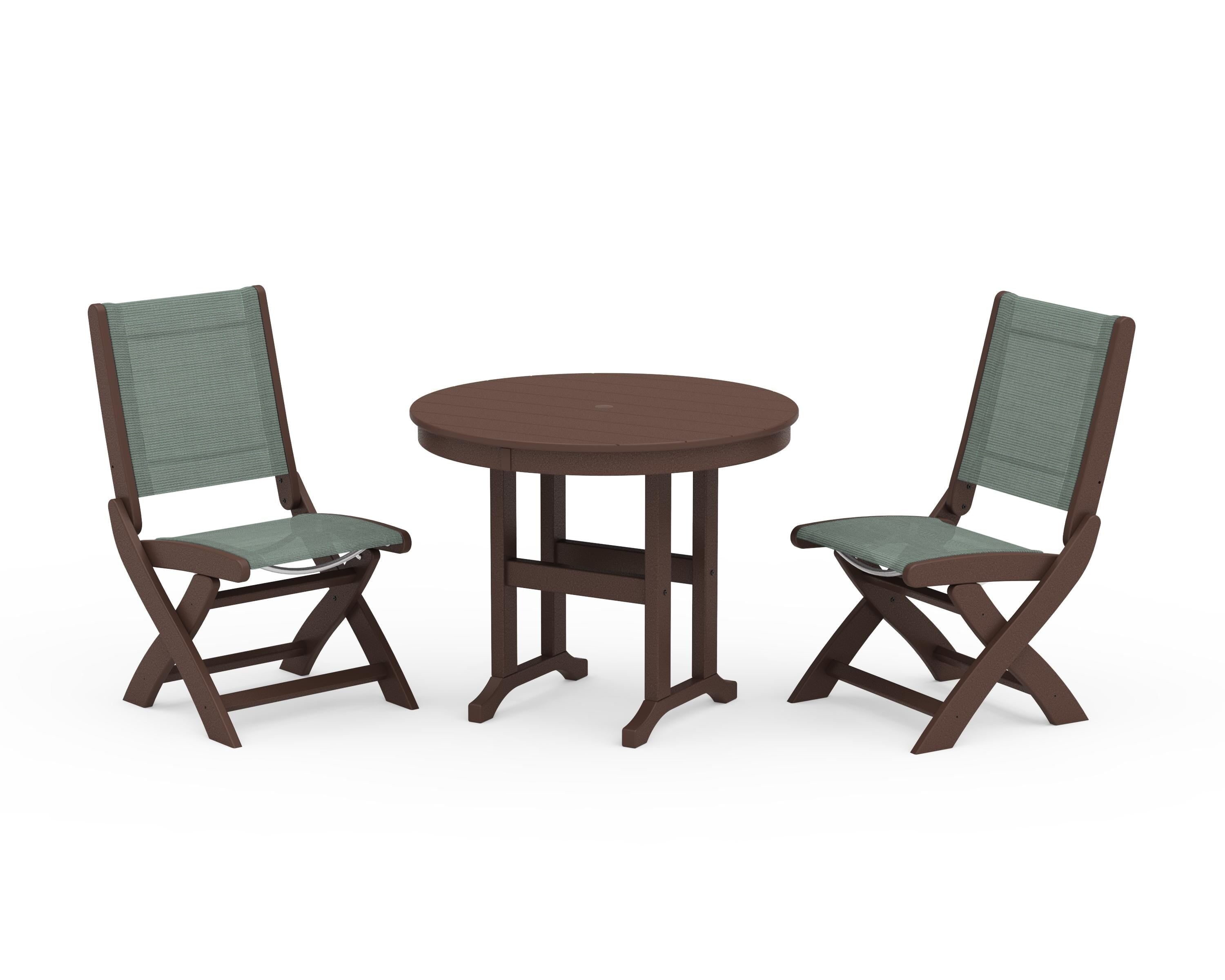 POLYWOOD Coastal Folding Side Chair 3-Piece Round Dining Set in Mahogany / Dupioni Sea Mist Sling