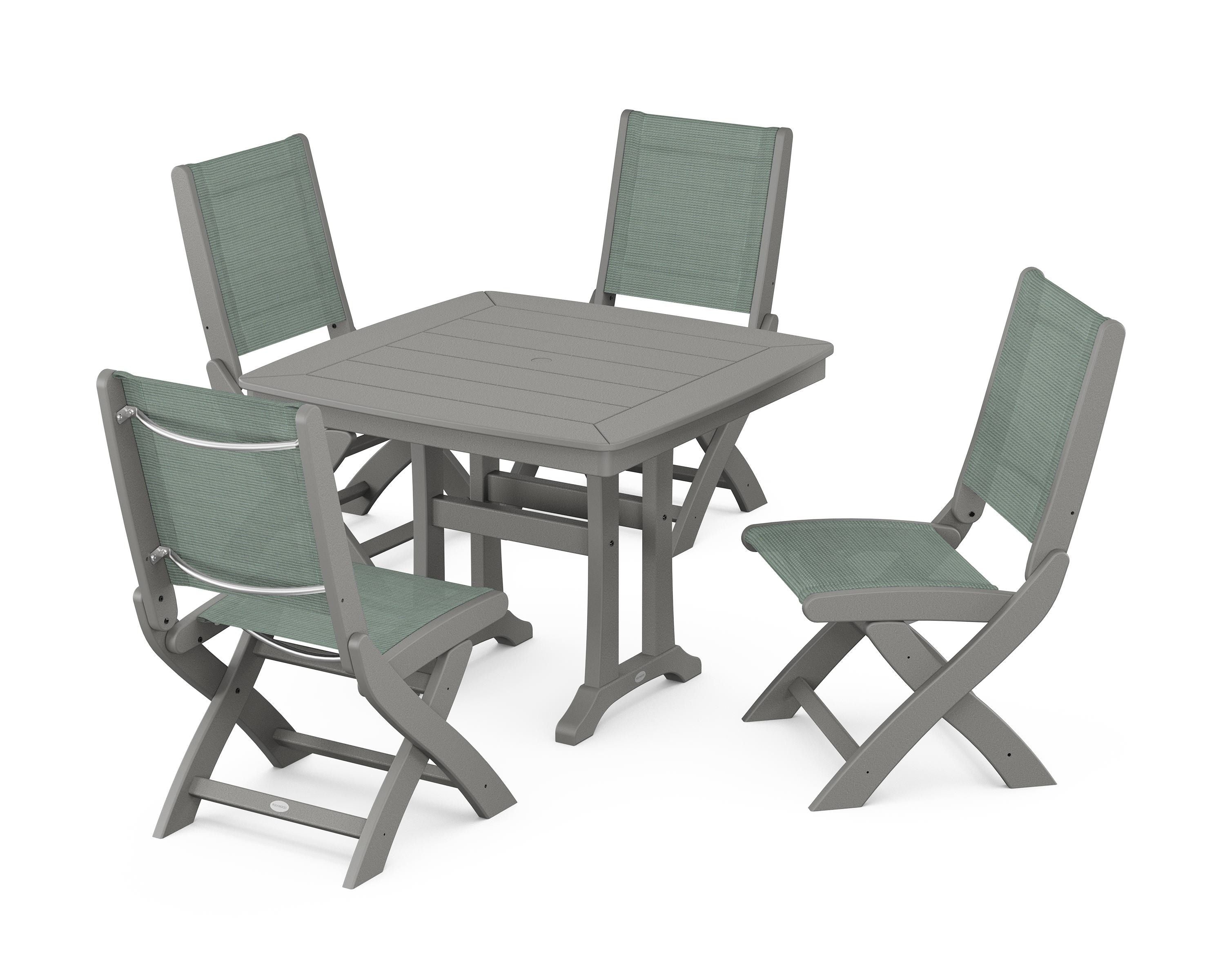 POLYWOOD Coastal Folding Side Chair 5-Piece Dining Set with Trestle Legs in Slate Grey / Dupioni Sea Mist Sling