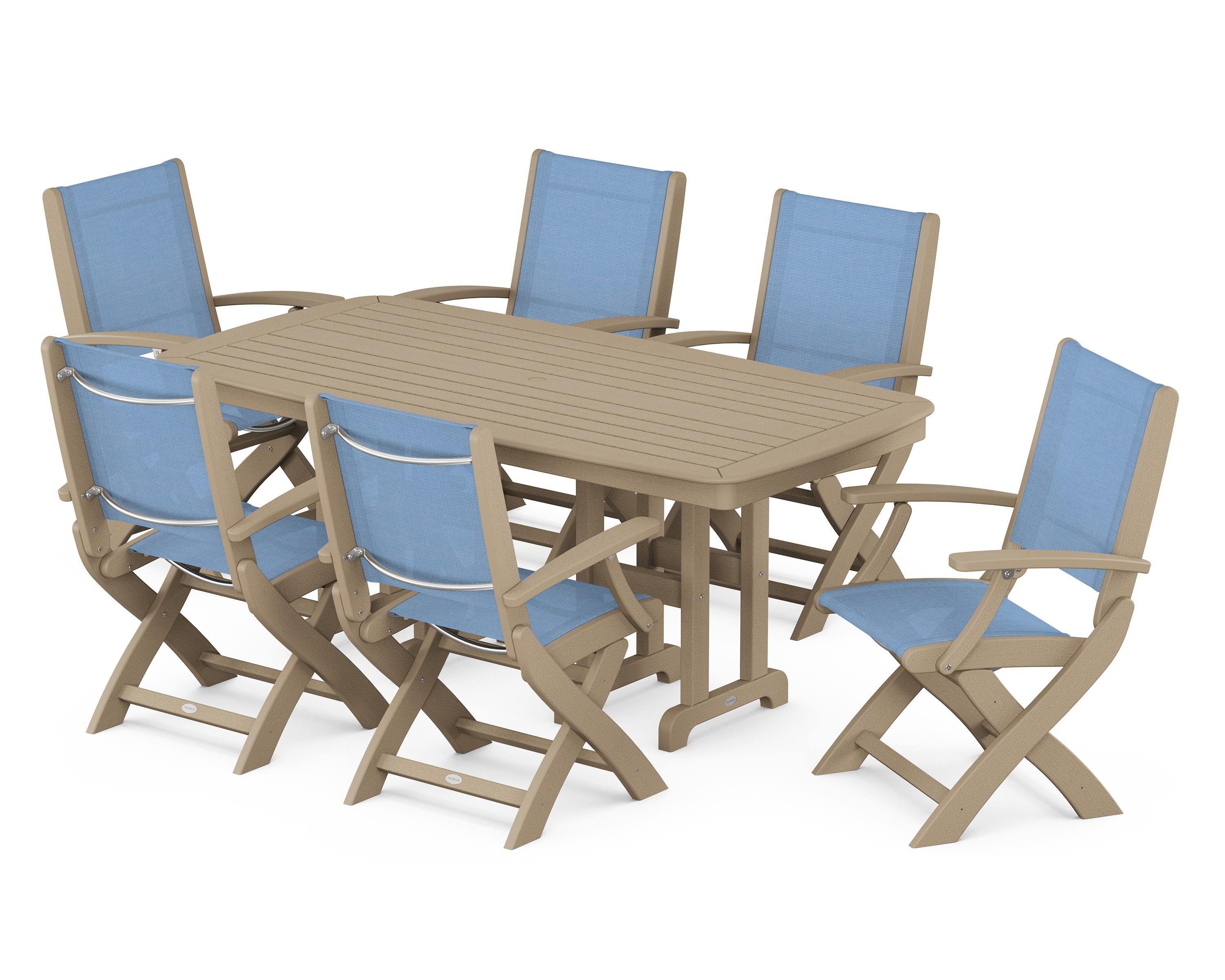 POLYWOOD Coastal Folding Arm Chair 7-Piece Dining Set in Vintage Sahara / Poolside Sling