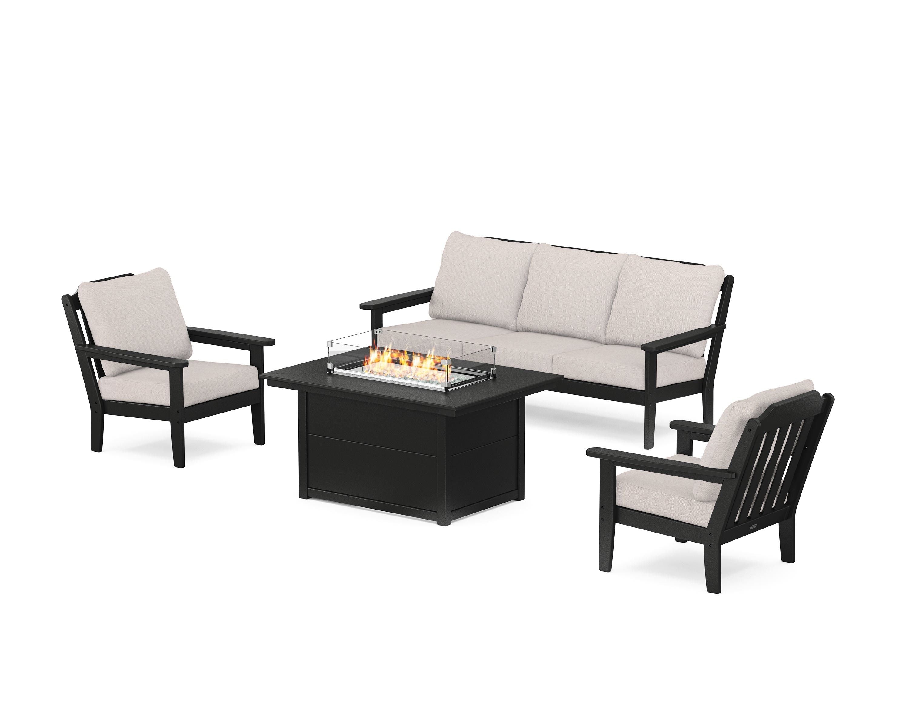 Country Living Cottage Deep Seating Fire Pit Table Set in Black / Dune Burlap