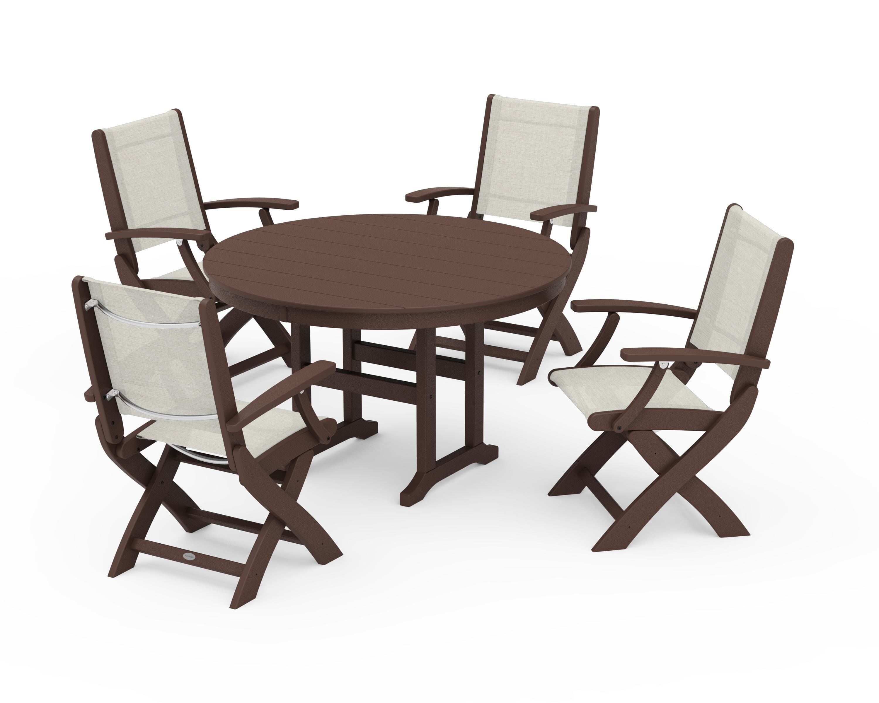 POLYWOOD Coastal Folding Chair 5-Piece Round Dining Set in Mahogany / Parchment Sling