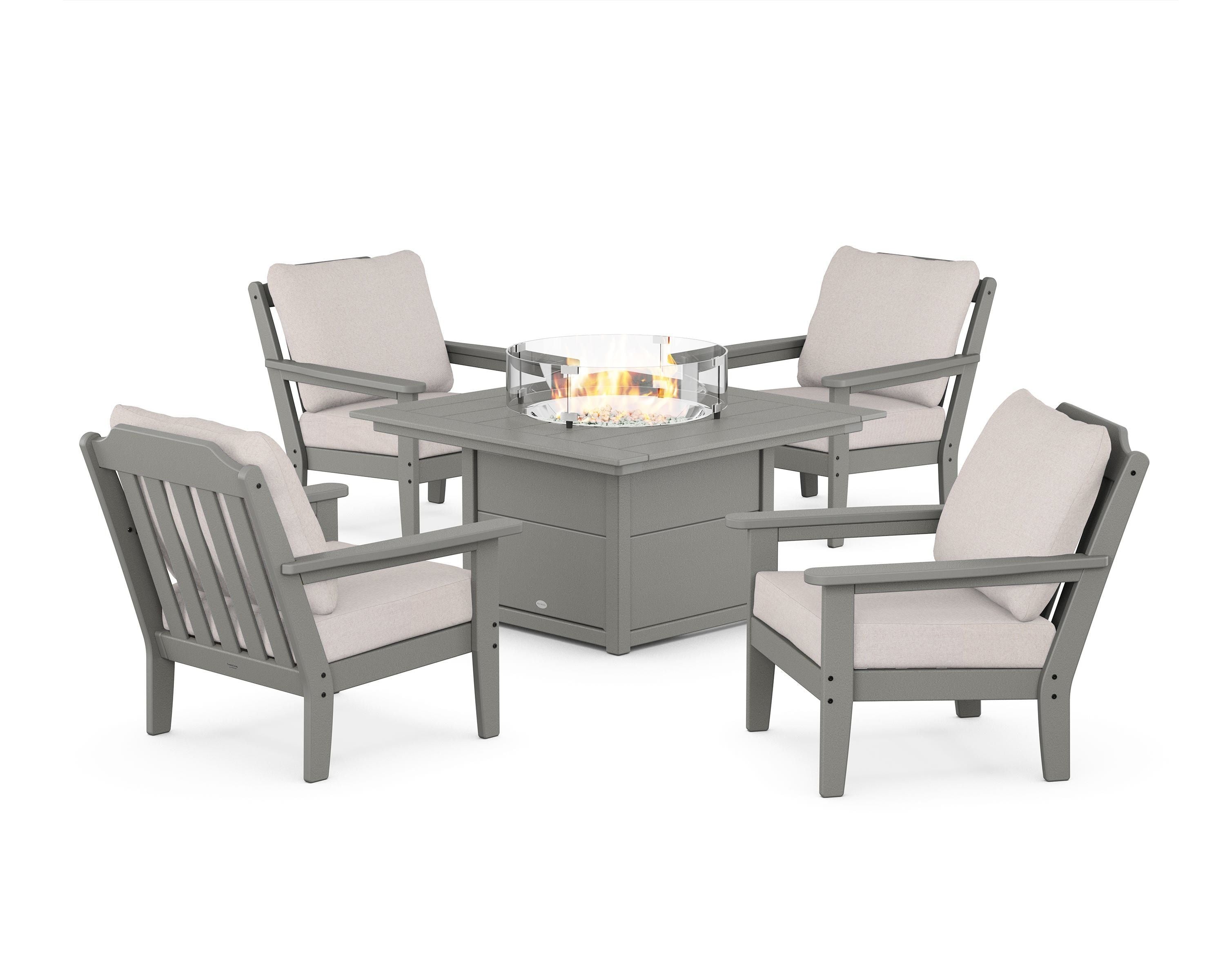 Country Living Cottage 5-Piece Deep Seating Set with Fire Pit Table in Slate Grey / Dune Burlap