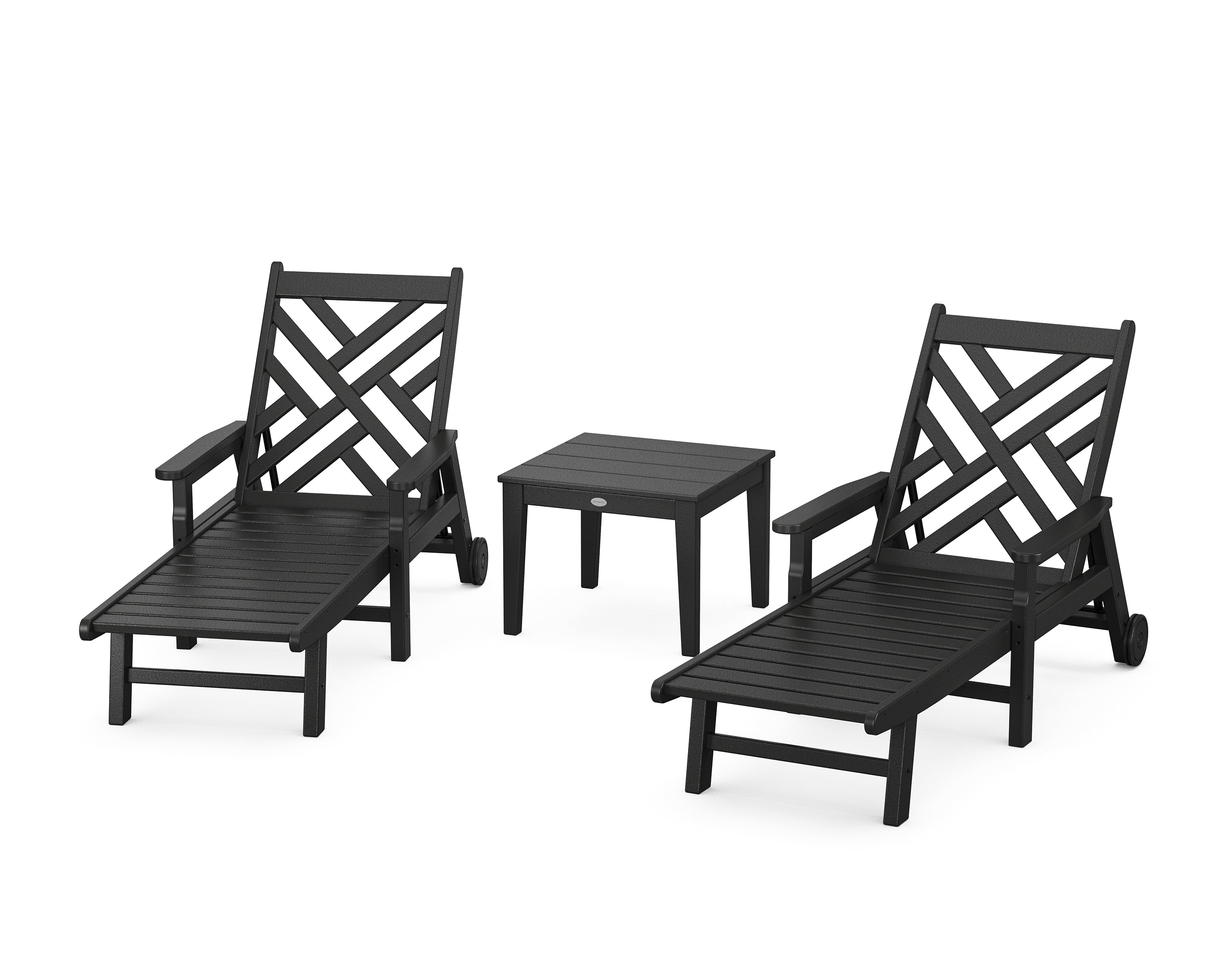 POLYWOOD Chippendale 3-Piece Chaise Set with Arms and Wheels in Black