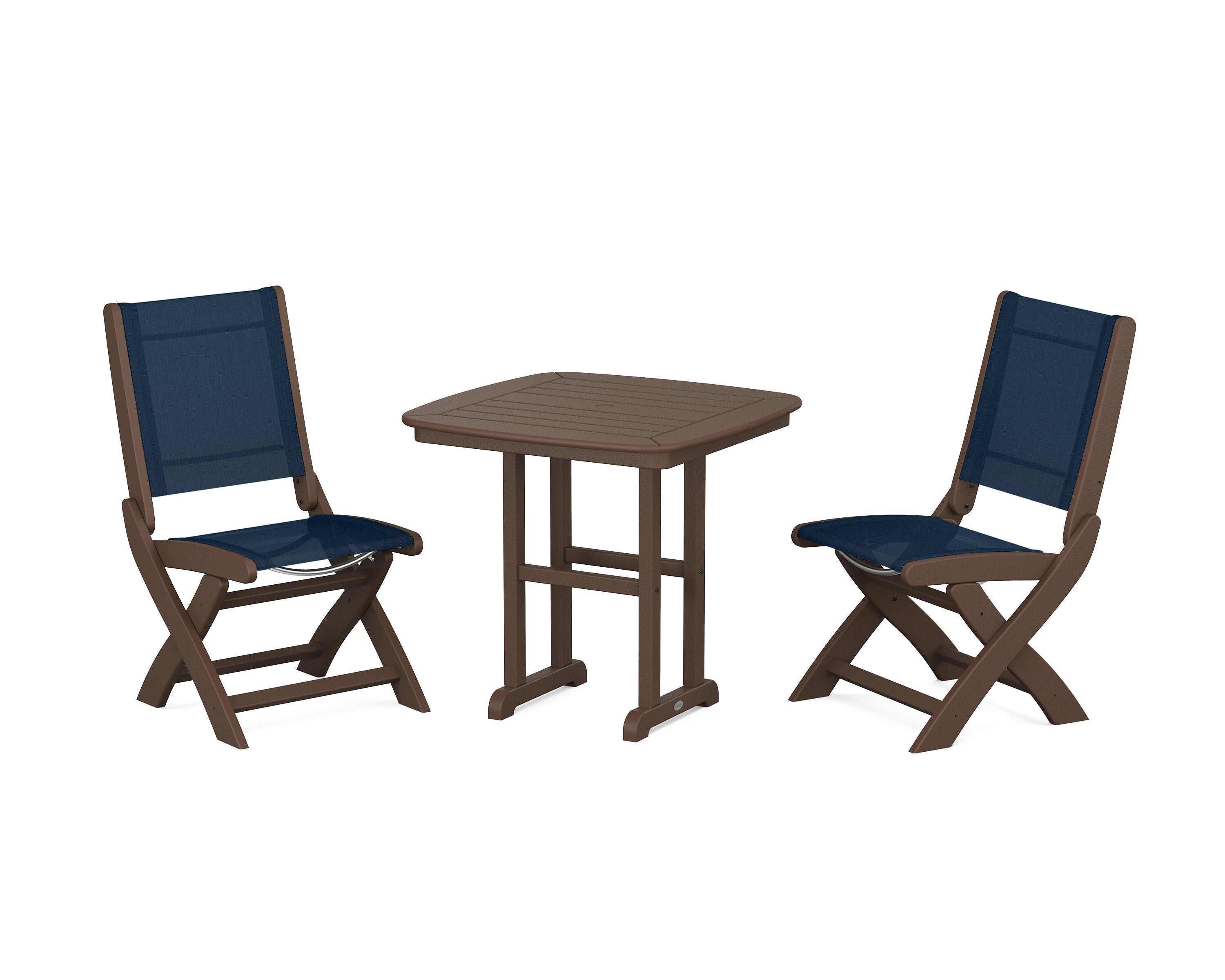 POLYWOOD Coastal Folding Side Chair 3-Piece Dining Set in Mahogany / Navy Blue Sling