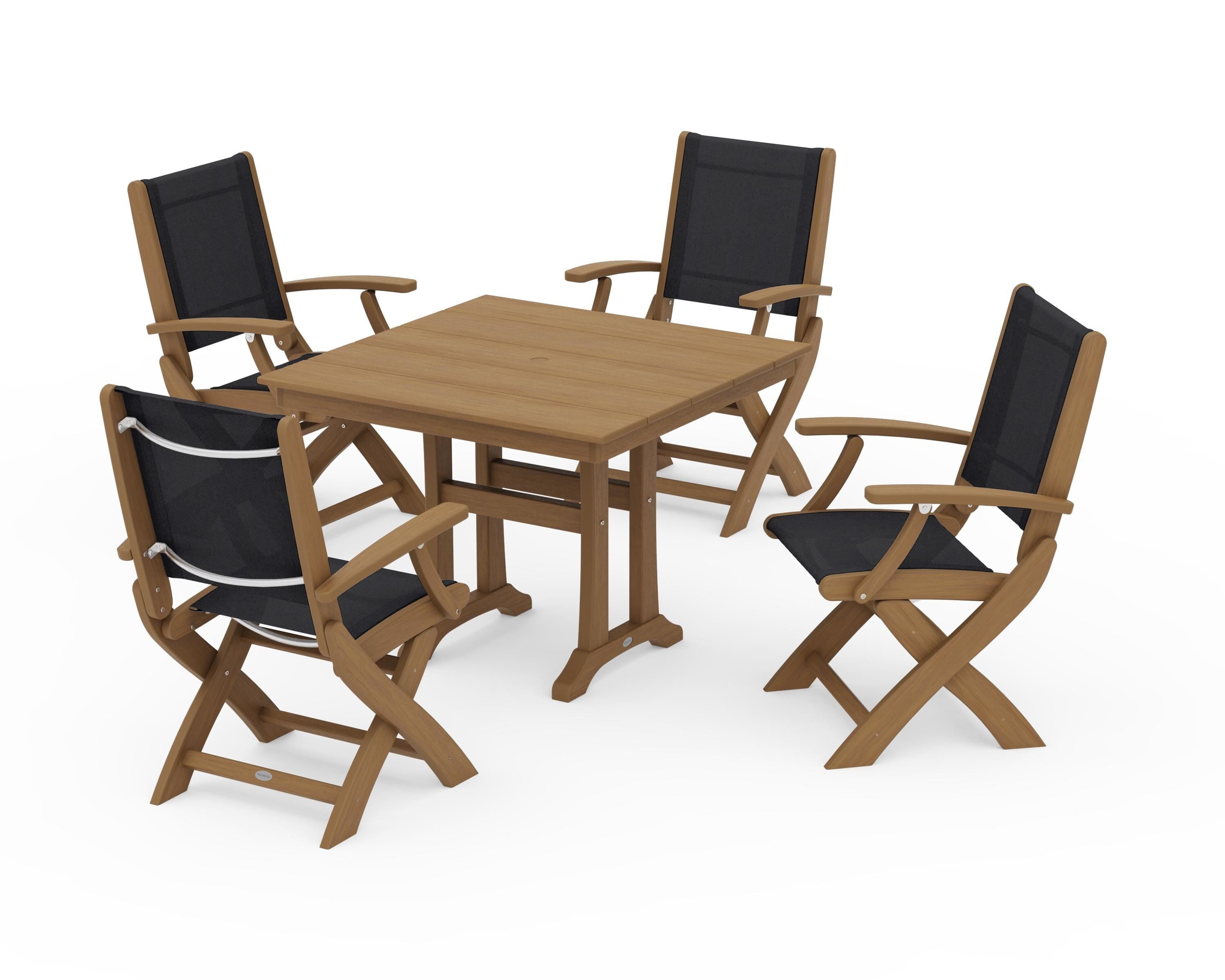 POLYWOOD Coastal Folding Chair 5-Piece Farmhouse Dining Set With Trestle Legs in Natural / Black Sling