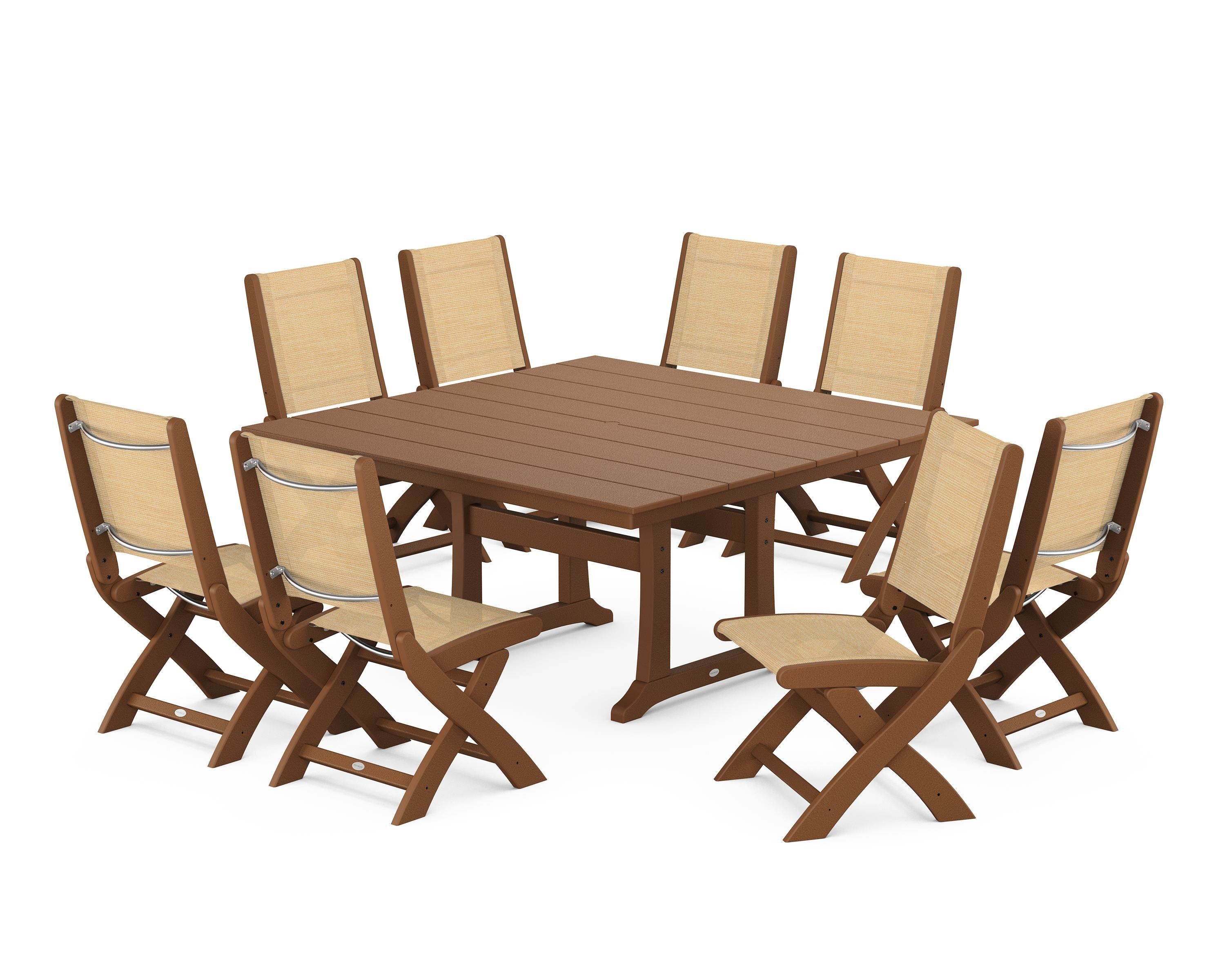 POLYWOOD Coastal Folding Side Chair 9-Piece Farmhouse Dining Set in Teak / Dupioni Apricot Sling
