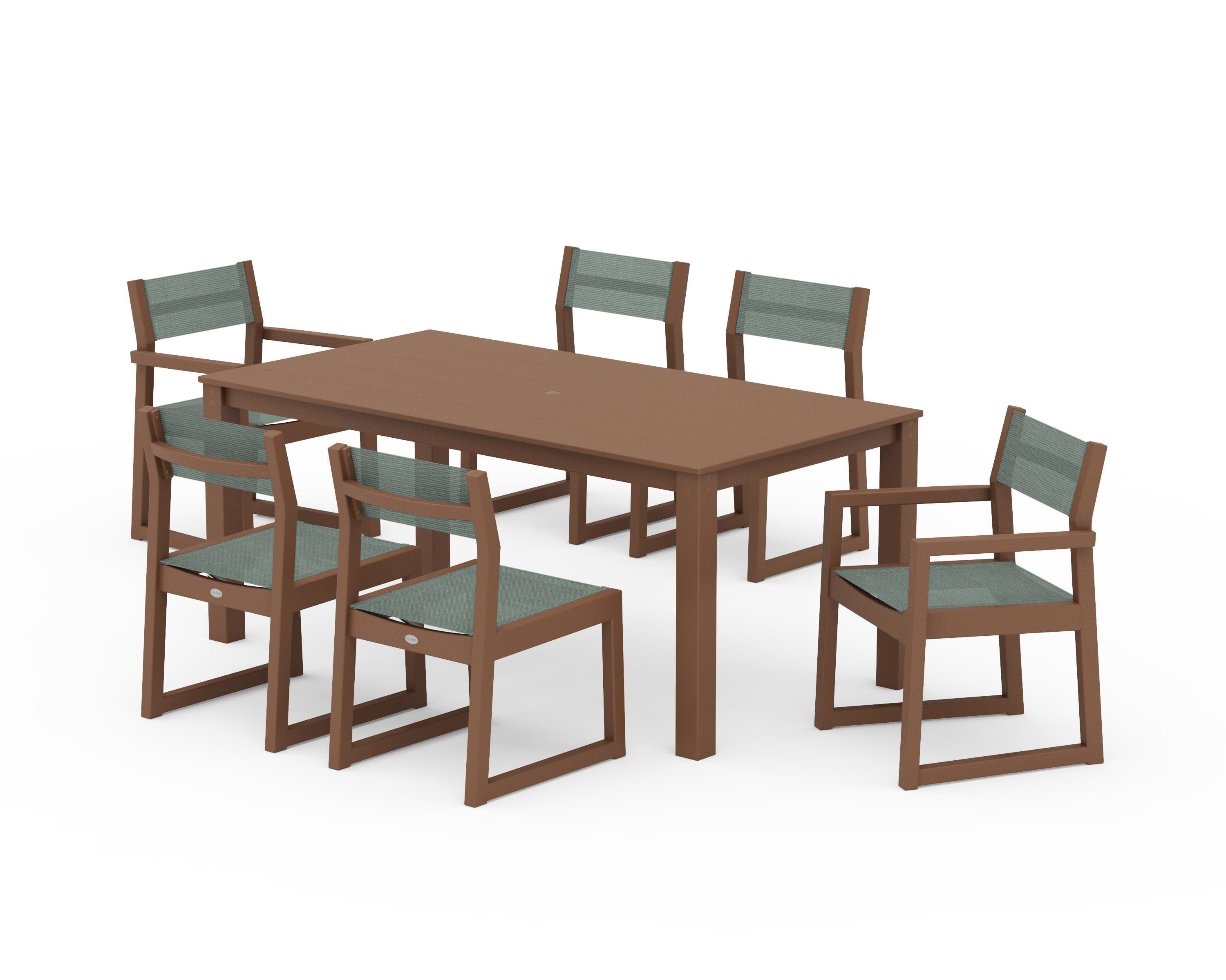 POLYWOOD EDGE Sling 7-Piece Parsons Dining Set in Teak / Dupioni Sea Mist Sling