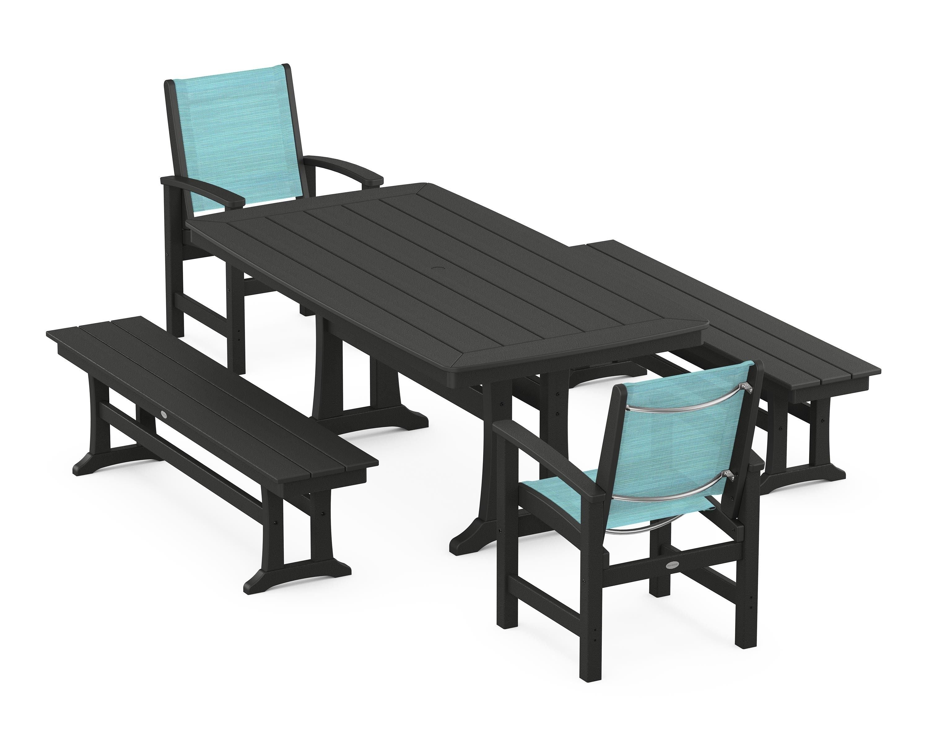 POLYWOOD Coastal 5-Piece Dining Set with Trestle Legs and Benches in Black / Dupioni Aquamarine Sling
