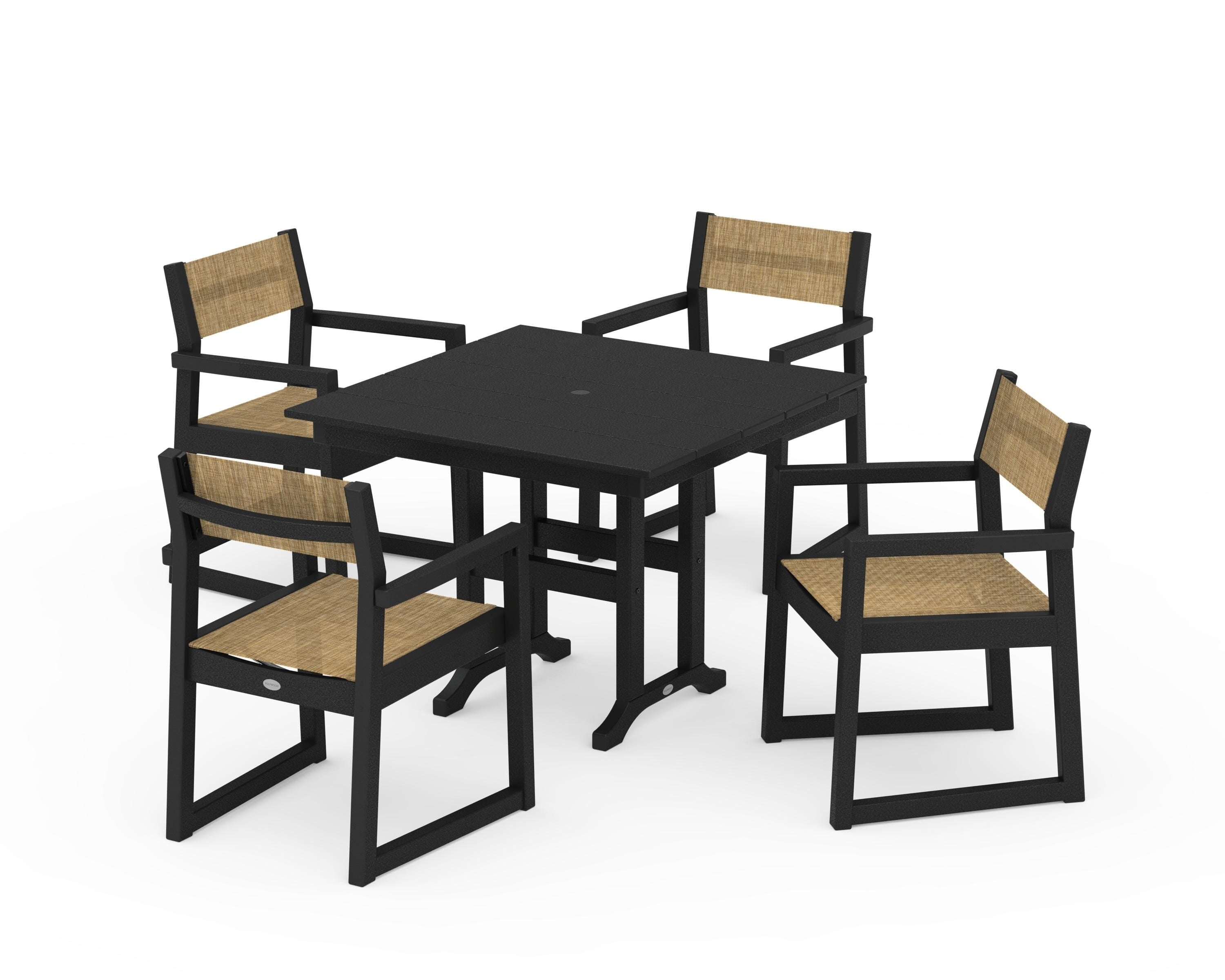 POLYWOOD EDGE Sling Arm Chair 5-Piece Farmhouse Dining Set in Black / Burlap Sling