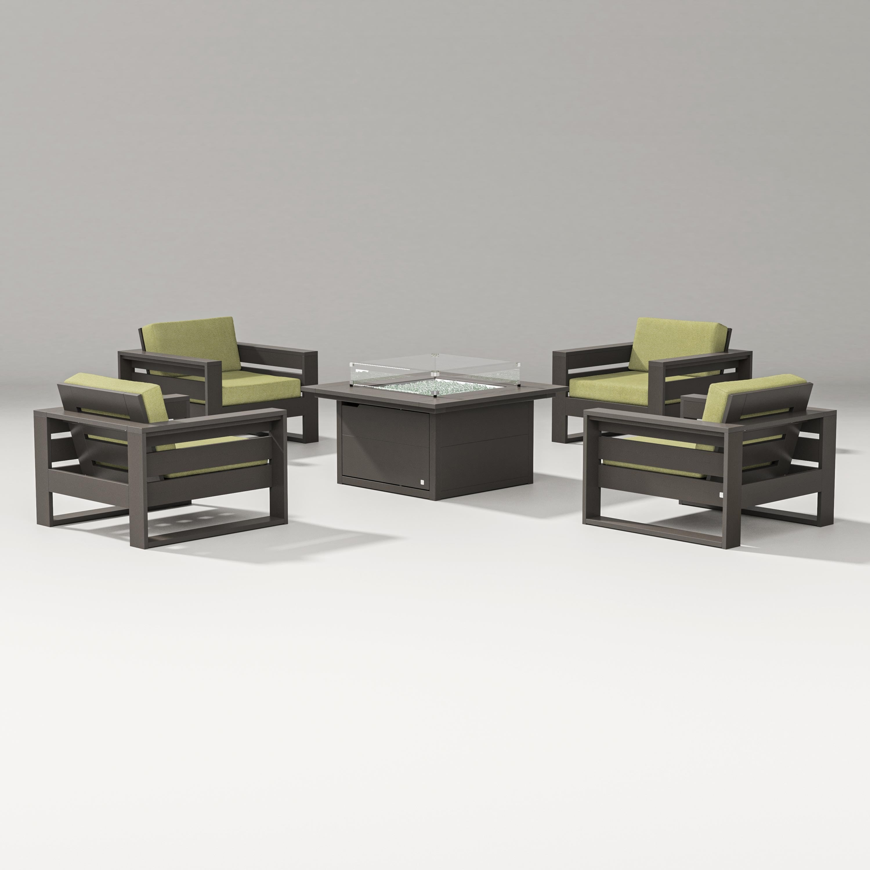 PW Designer Series Latitude 5-Piece Lounge Fire Table Set in Vintage Coffee / Chartreuse Boucle