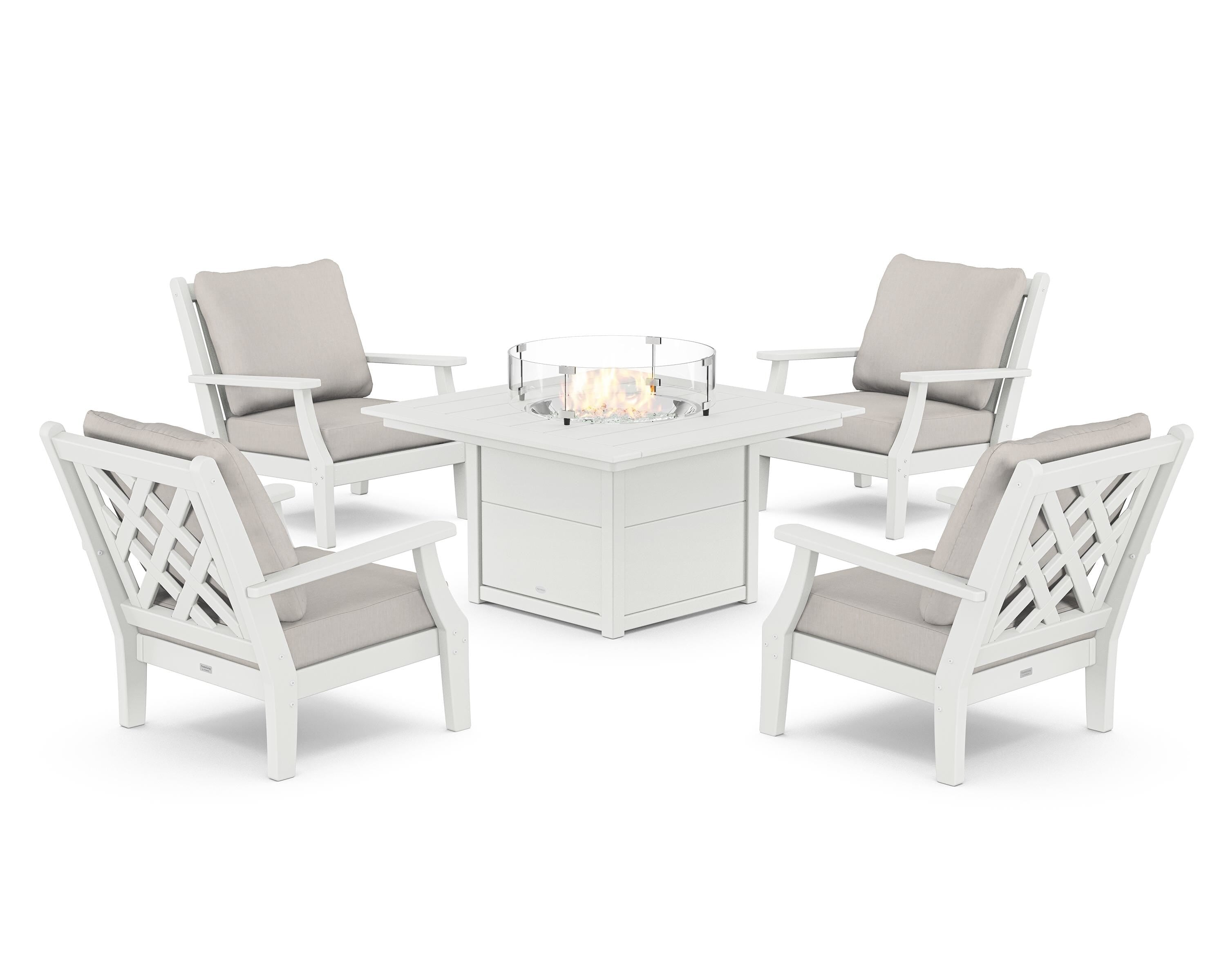 Country Living Wovendale 5-Piece Deep Seating Set with Fire Pit Table in White / Cast Ash