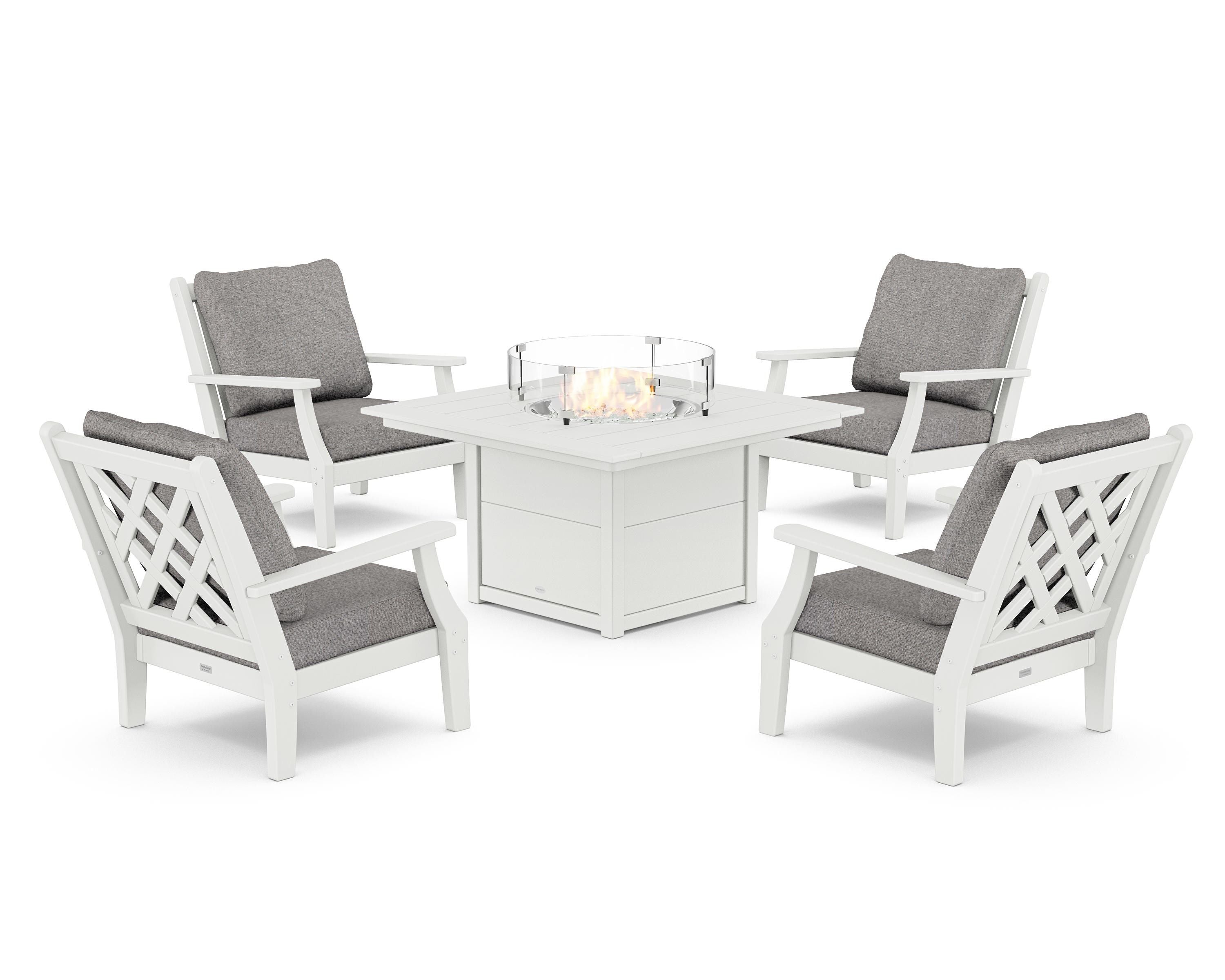 Country Living Wovendale 5-Piece Deep Seating Set with Fire Pit Table in White / Grey Mist