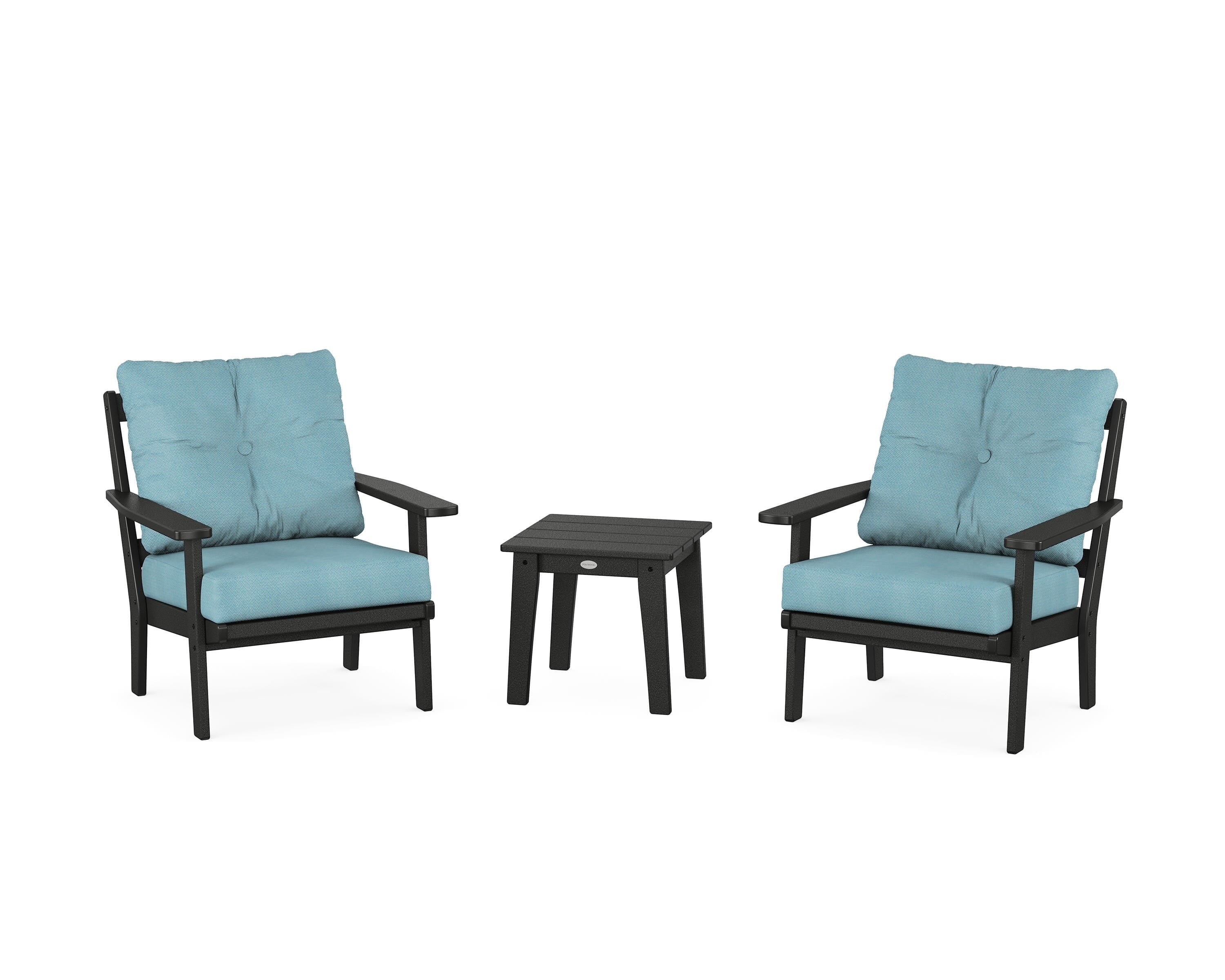 POLYWOOD Prairie 3-Piece Deep Seating Set in Black / Lattice Sky Blue