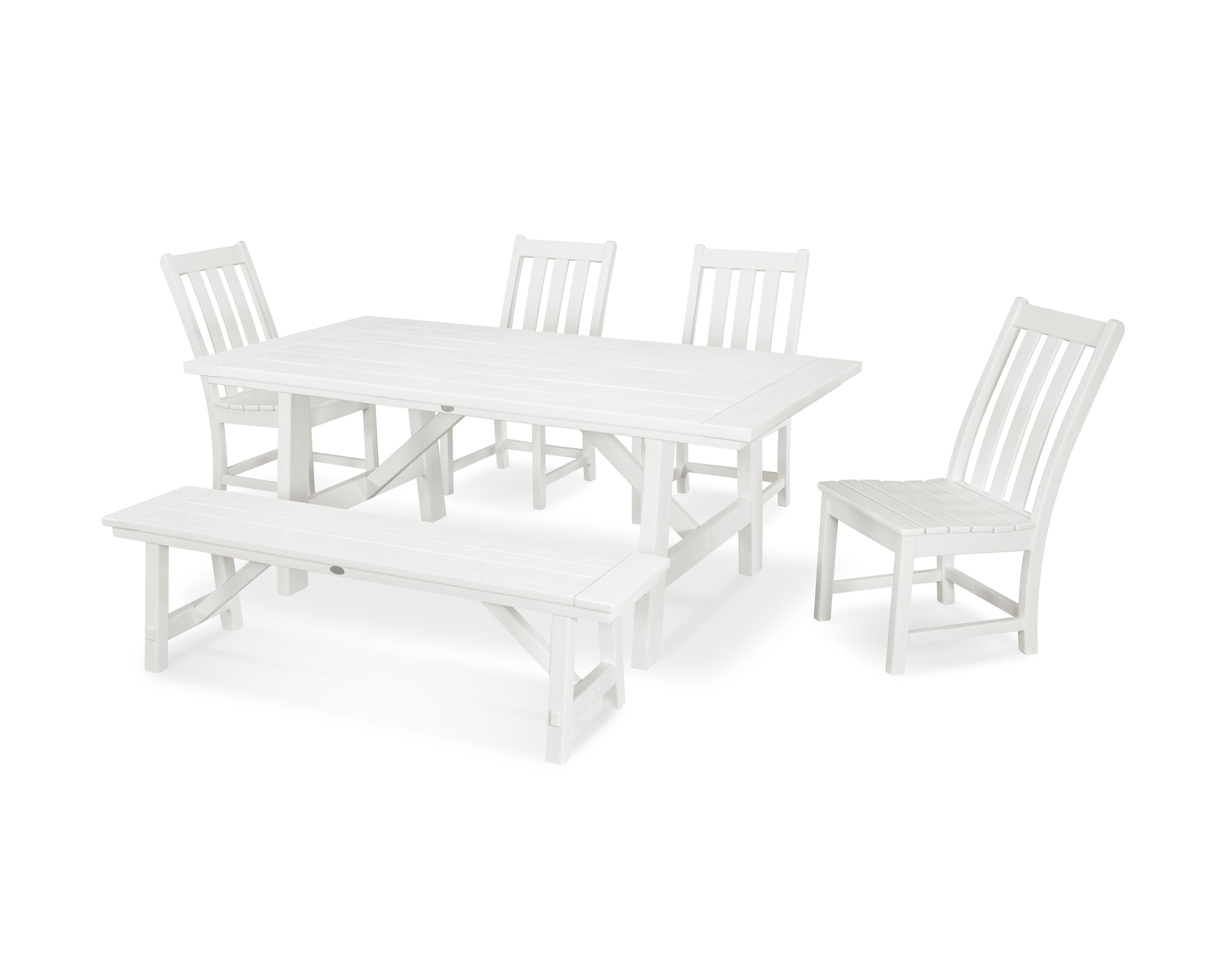 POLYWOOD® Vineyard 6-Piece Rustic Farmhouse Side Chair Dining Set with Bench in Vintage White