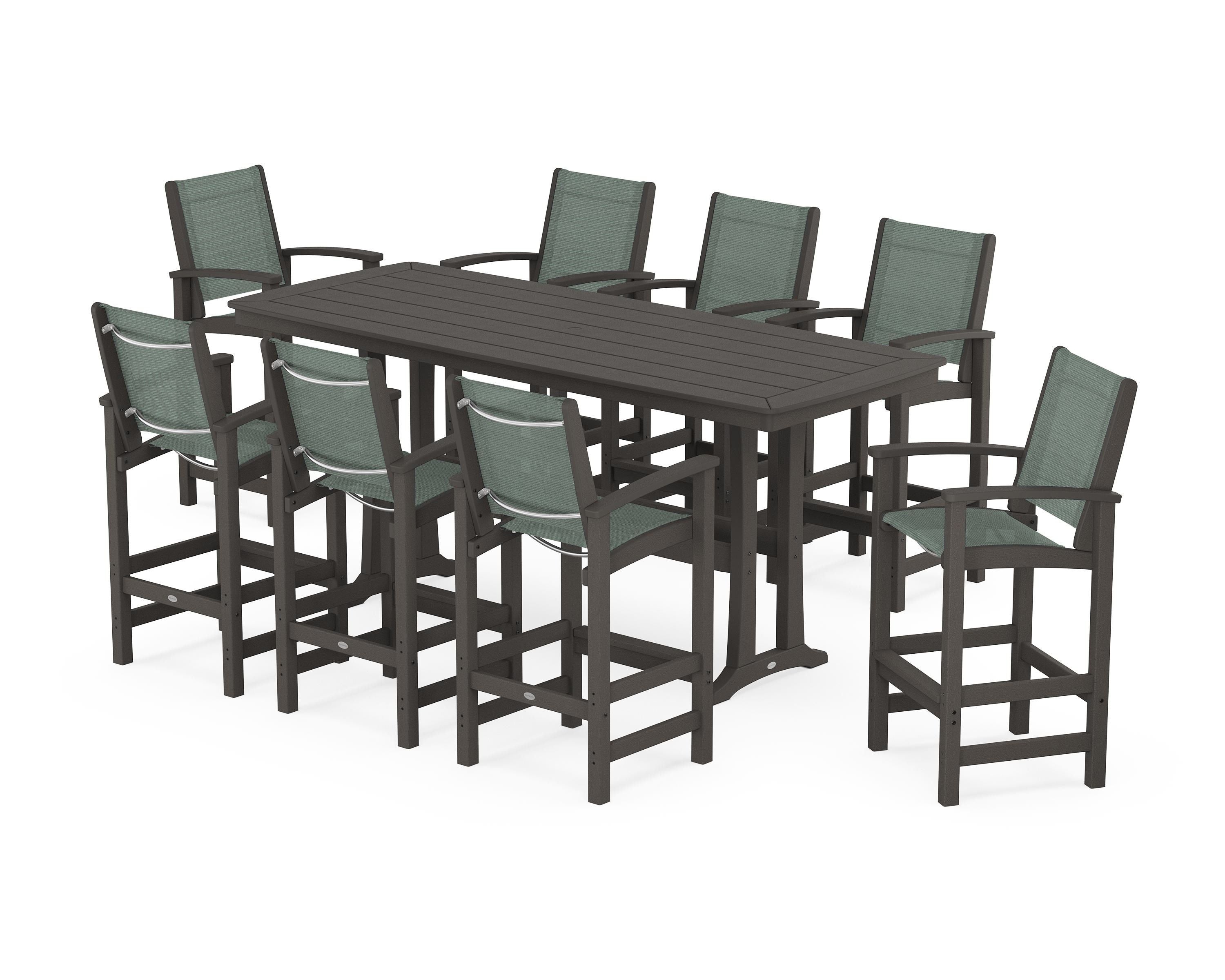 POLYWOOD Coastal 9-Piece Bar Set with Trestle Legs in Vintage Coffee / Dupioni Sea Mist Sling