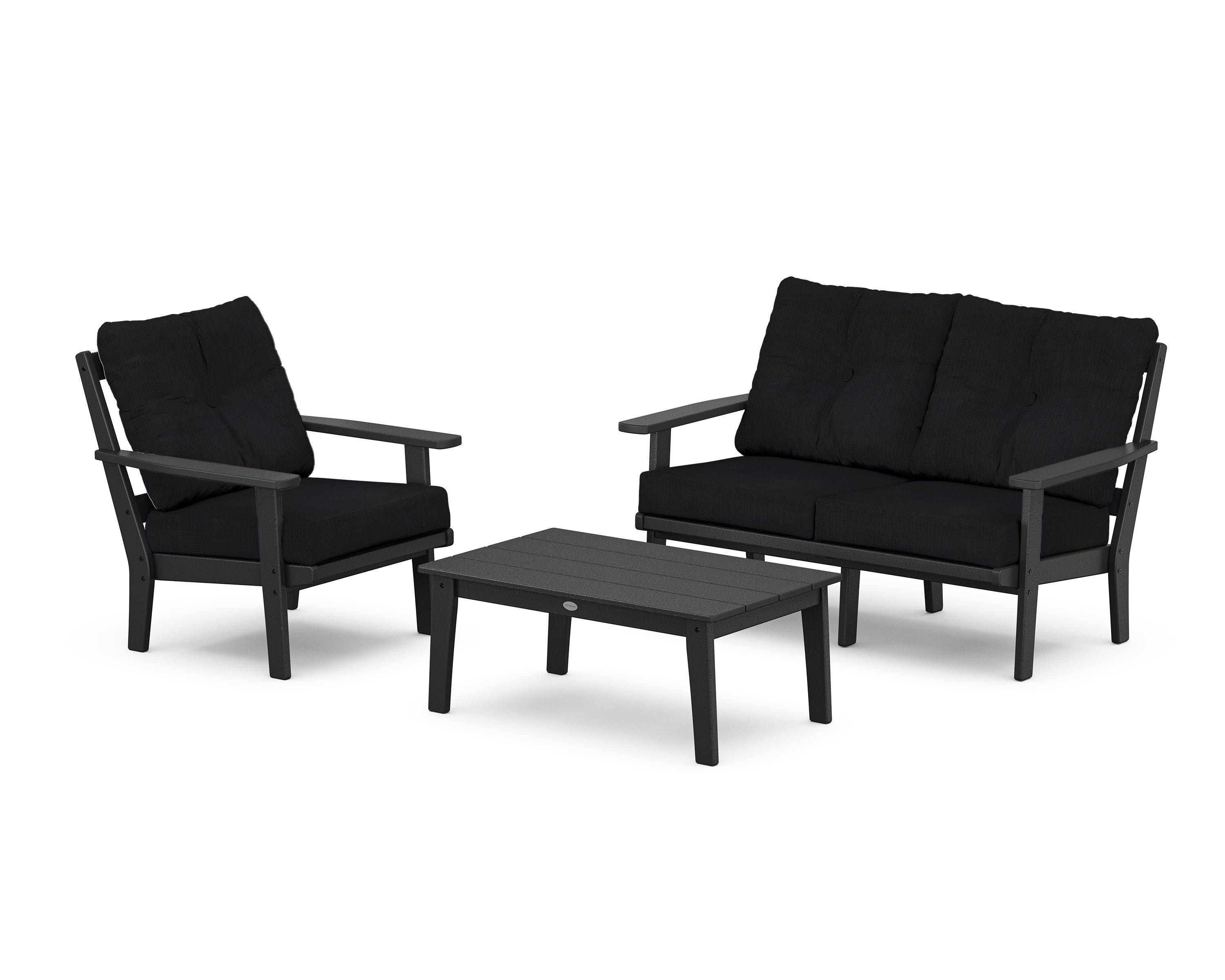 POLYWOOD Prairie 3-Piece Deep Seating Set with Loveseat in Black / Midnight Linen