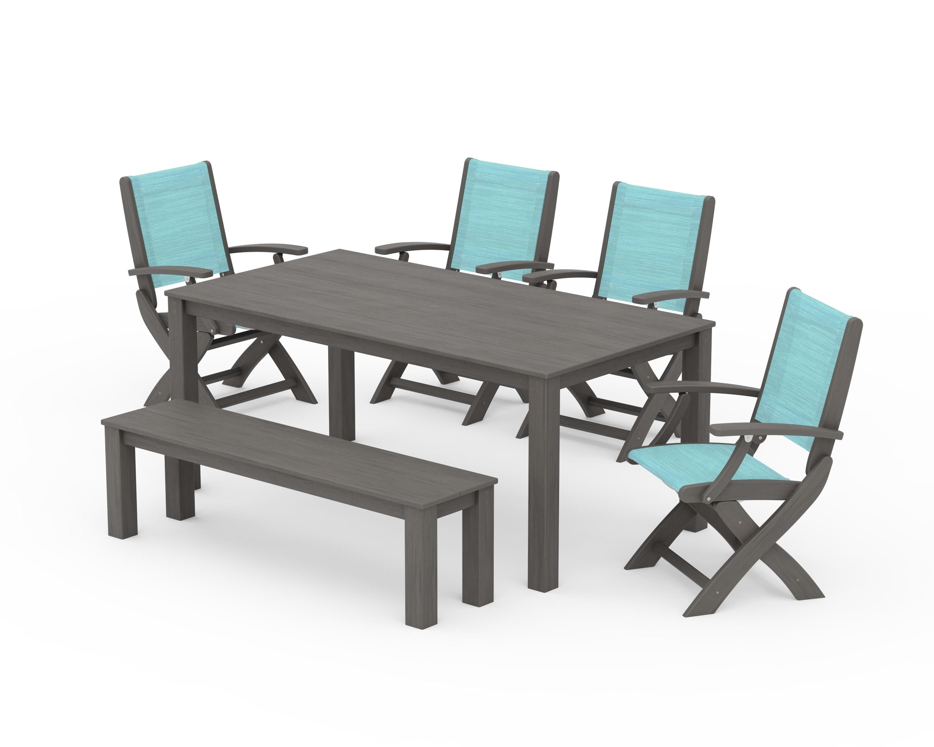 POLYWOOD Coastal Folding Chair 6-Piece Parsons Dining Set with Bench in Driftwood / Dupioni Aquamarine Sling