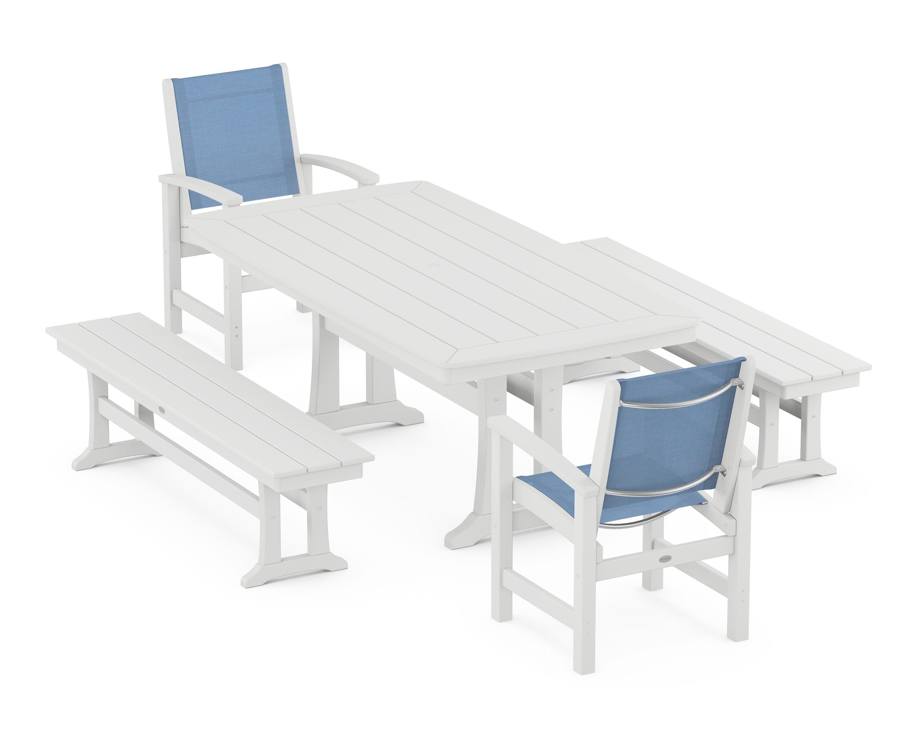 POLYWOOD Coastal 5-Piece Dining Set with Trestle Legs and Benches in White / Poolside Sling