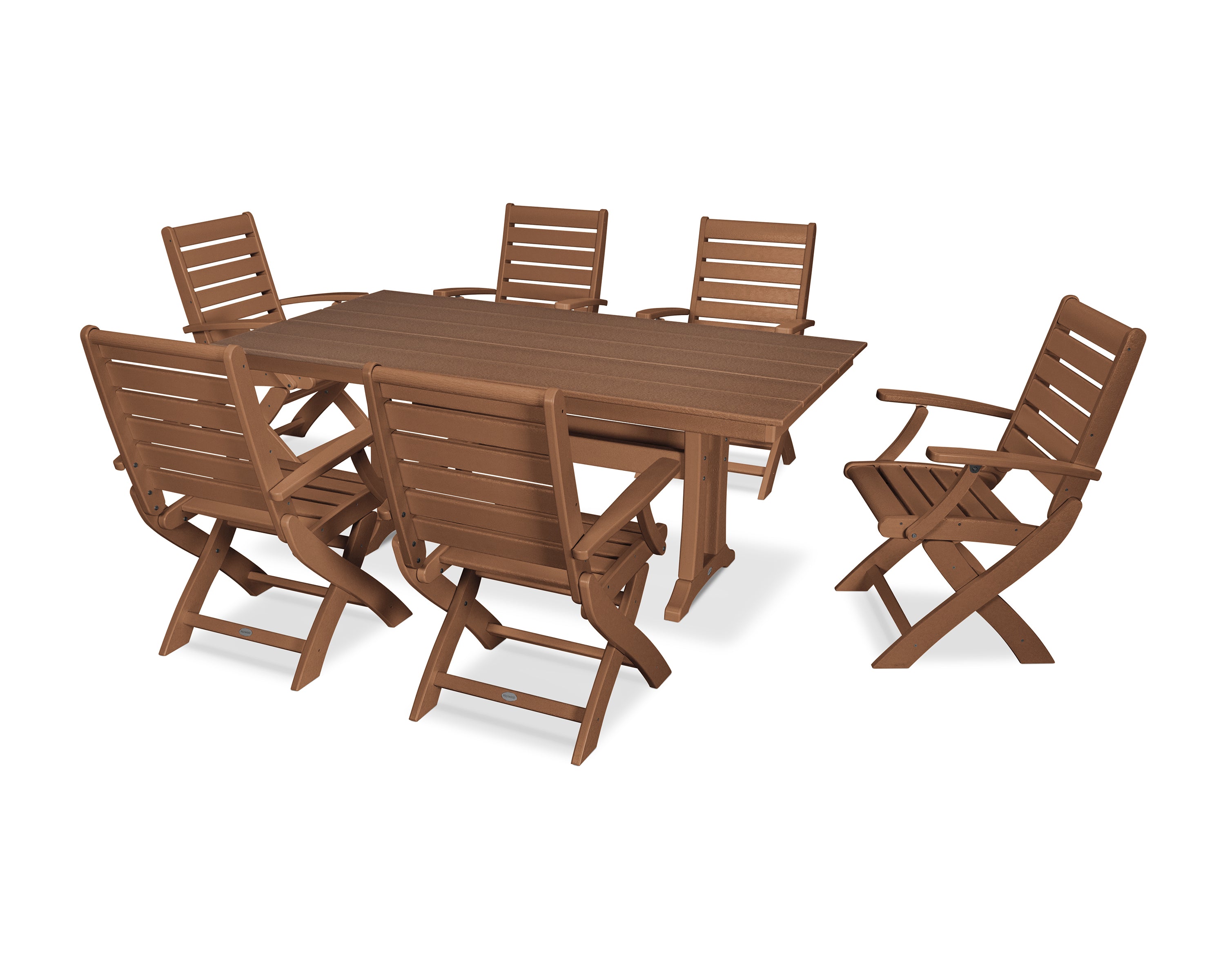 POLYWOOD® Signature Folding Chair 7-Piece Farmhouse Dining Set with Trestle Legs in Teak