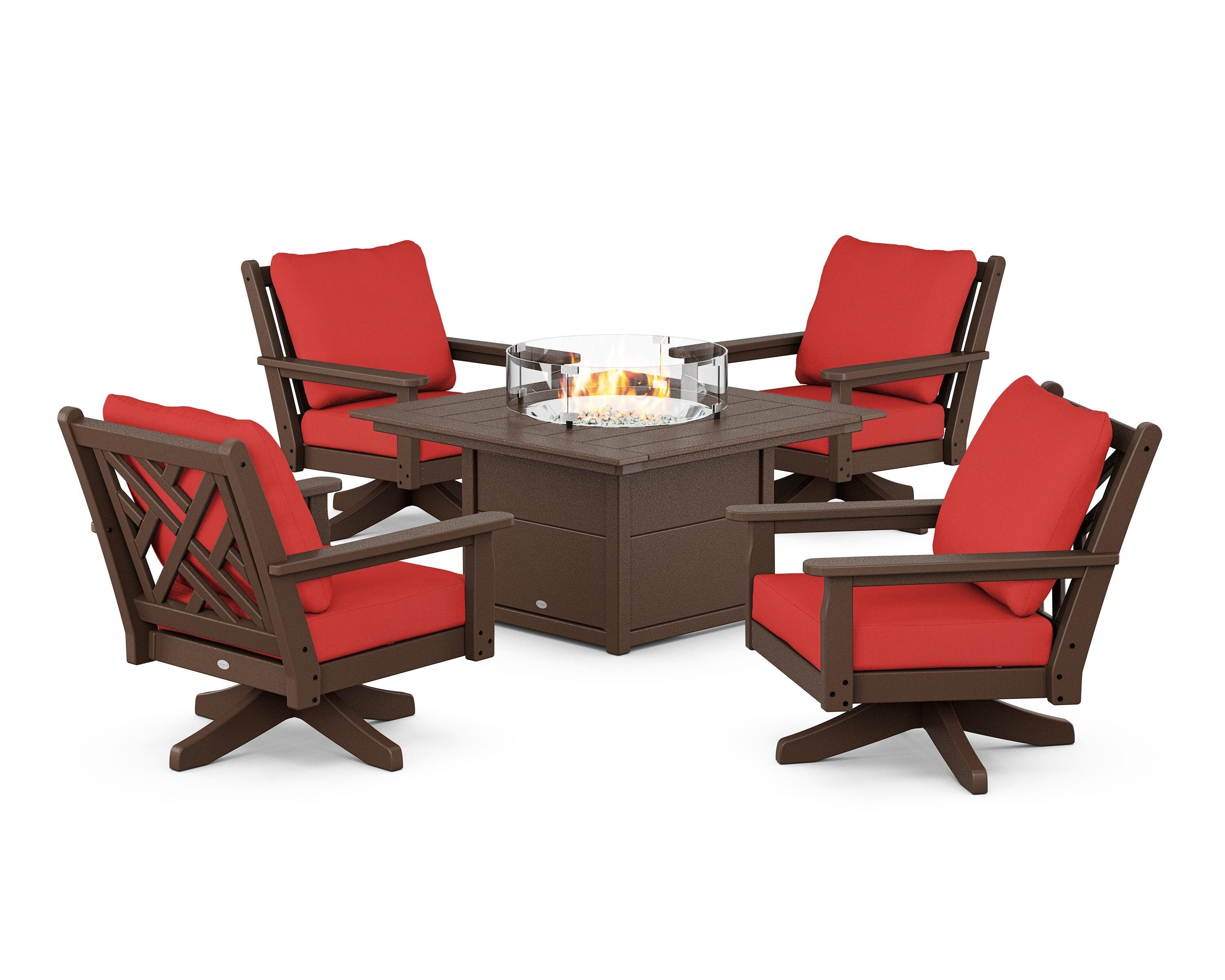 POLYWOOD Chippendale 5-Piece Deep Seating Swivel Conversation Set with Fire Pit Table in Mahogany / Crimson Linen