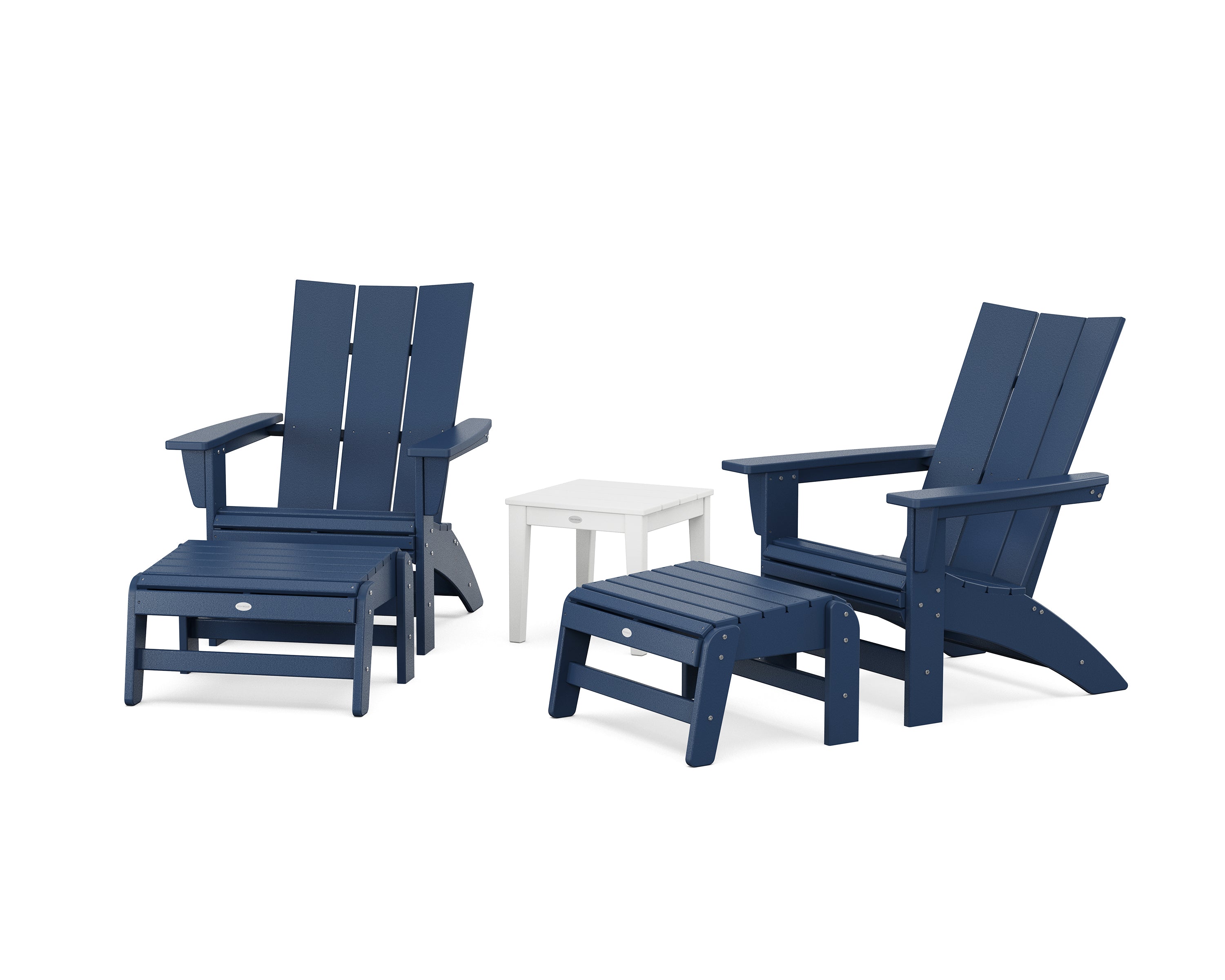 POLYWOOD® 5-Piece Modern Grand Adirondack Set with Ottomans and Side Table in Navy / White