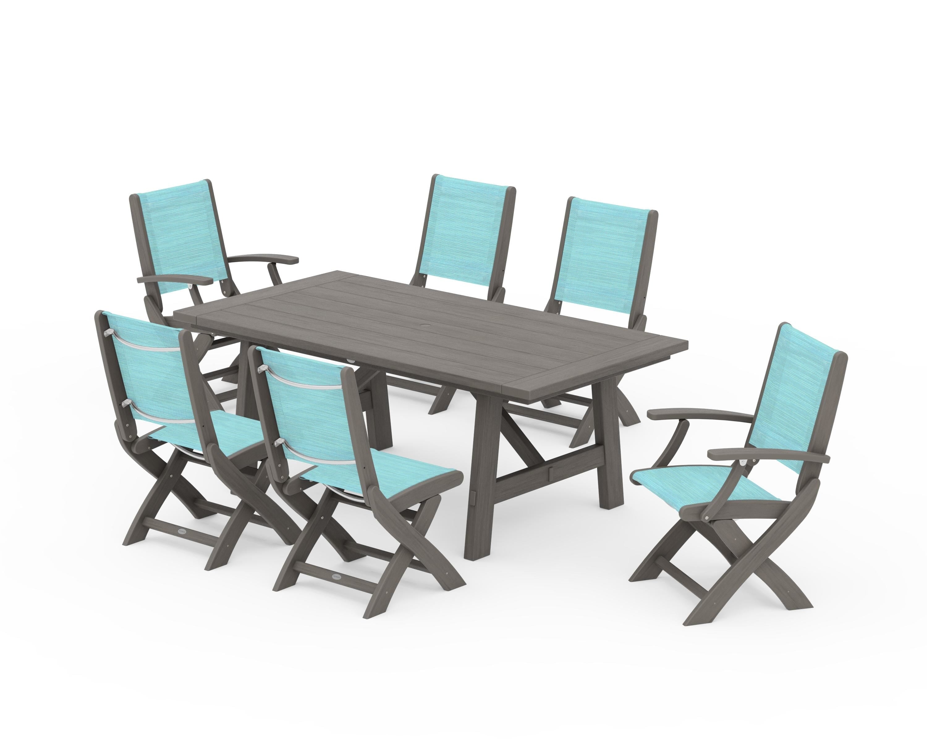 POLYWOOD Coastal Folding Chair 7-Piece Rustic Farmhouse Dining Set in Driftwood / Dupioni Aquamarine Sling