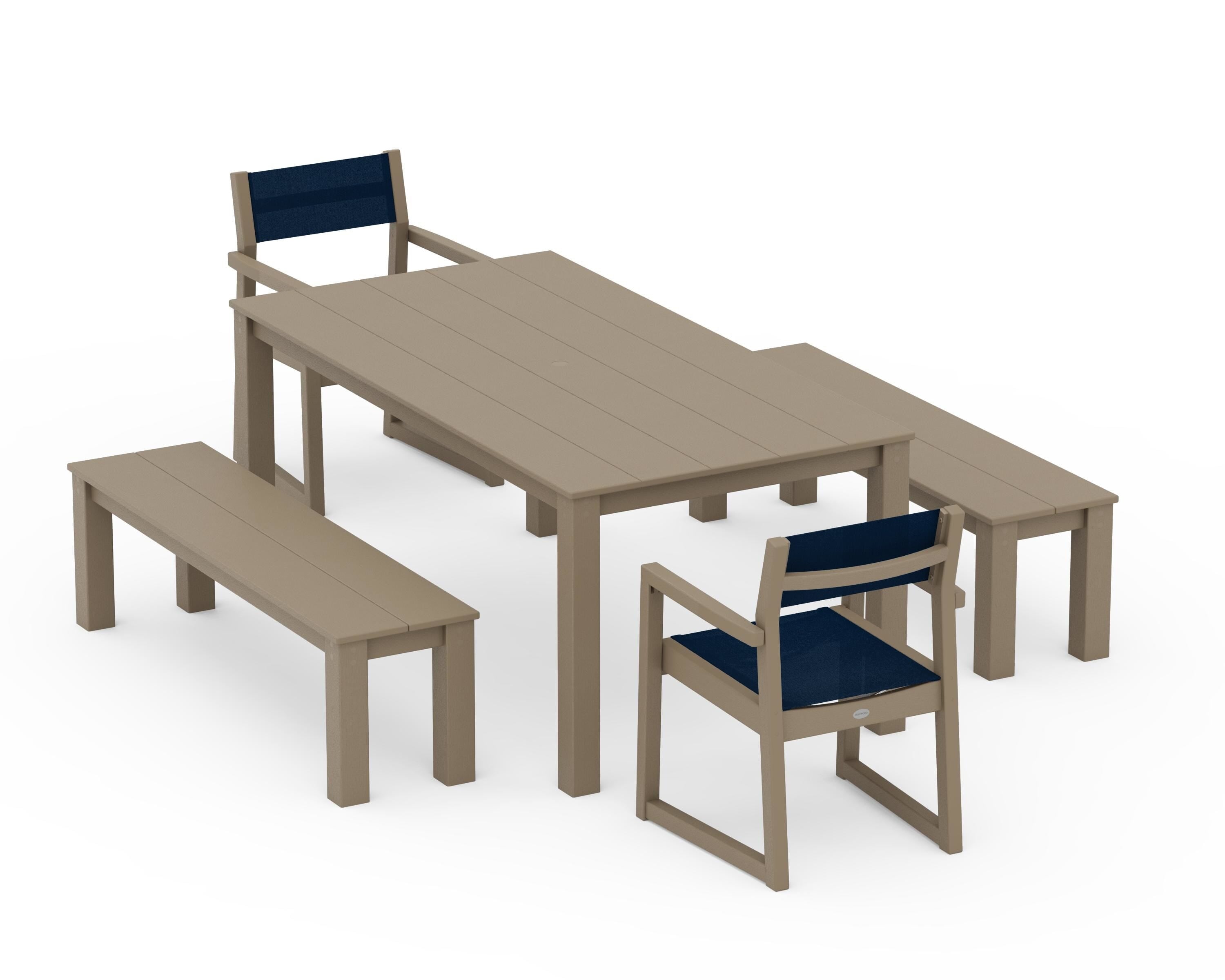 POLYWOOD EDGE Sling Arm Chair 5-Piece Parsons Dining Set with Benches in Vintage Sahara / Navy Blue Sling