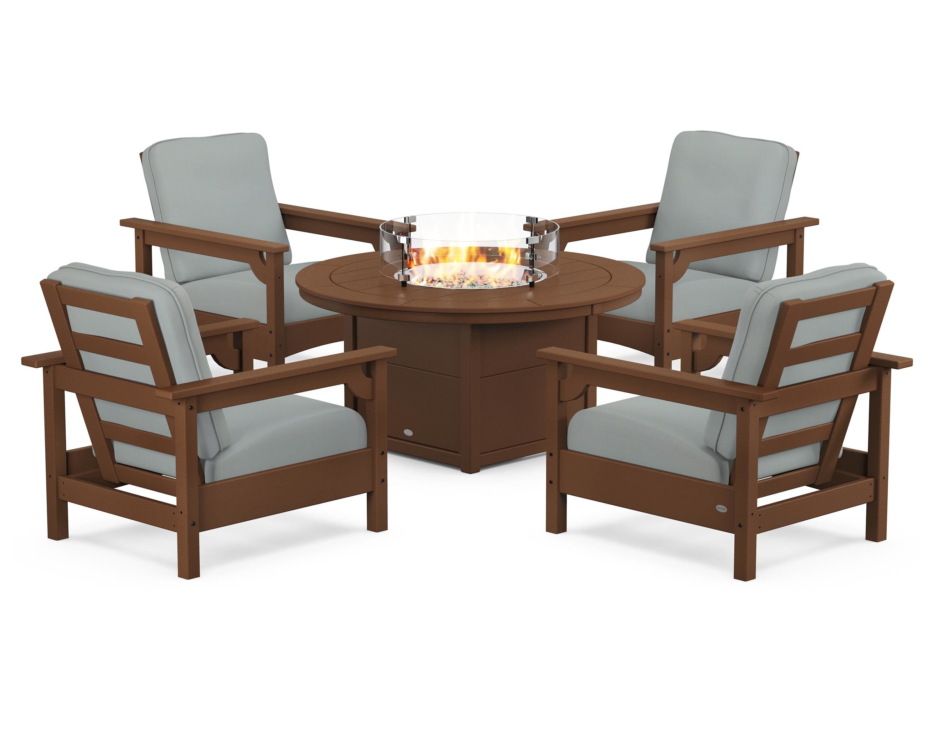 POLYWOOD Club 5-Piece Conversation Set with Fire Pit Table in Teak / Spa