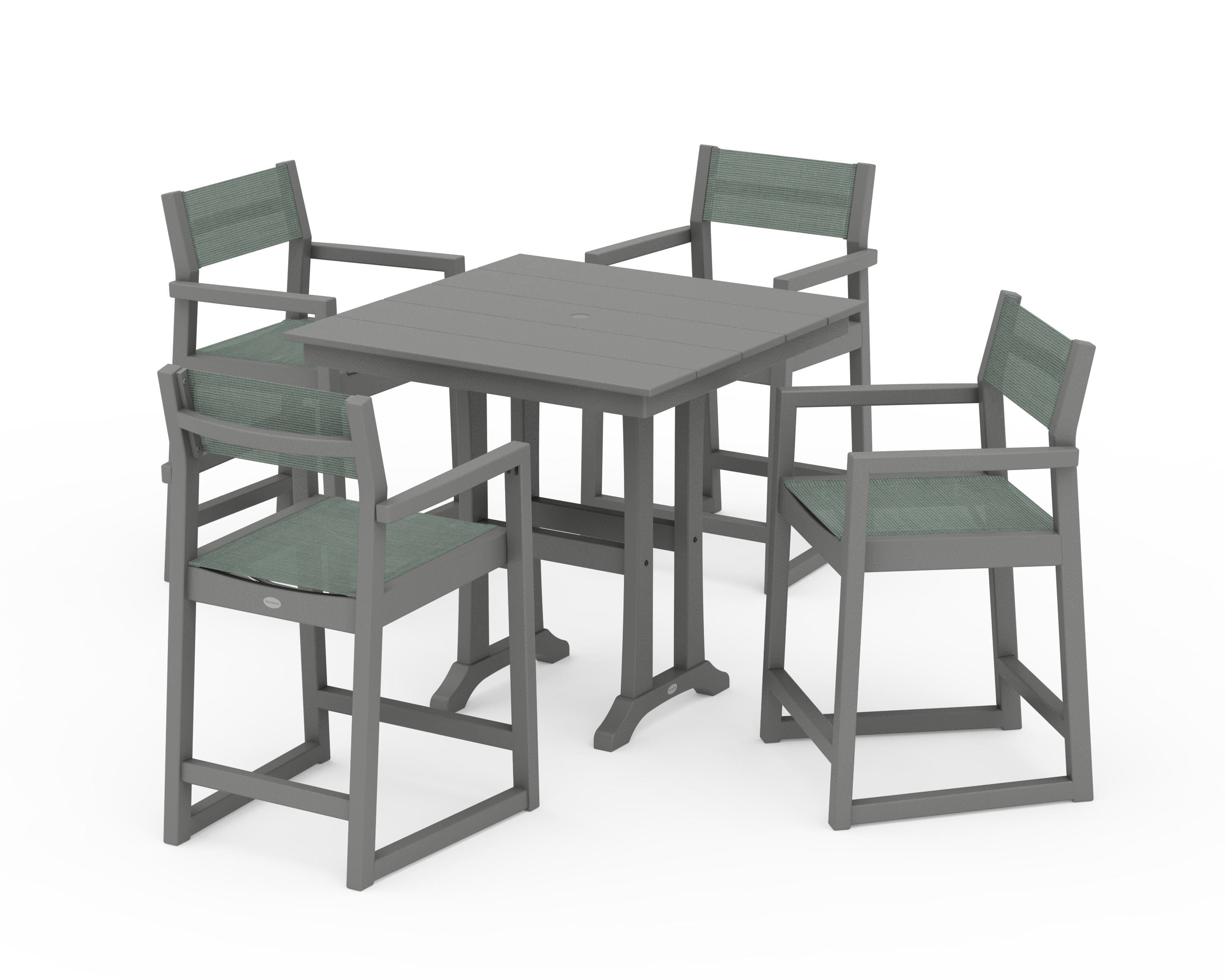 POLYWOOD EDGE Sling Arm Chair 5-Piece Farmhouse Counter Set with Trestle Legs in Slate Grey / Dupioni Sea Mist Sling