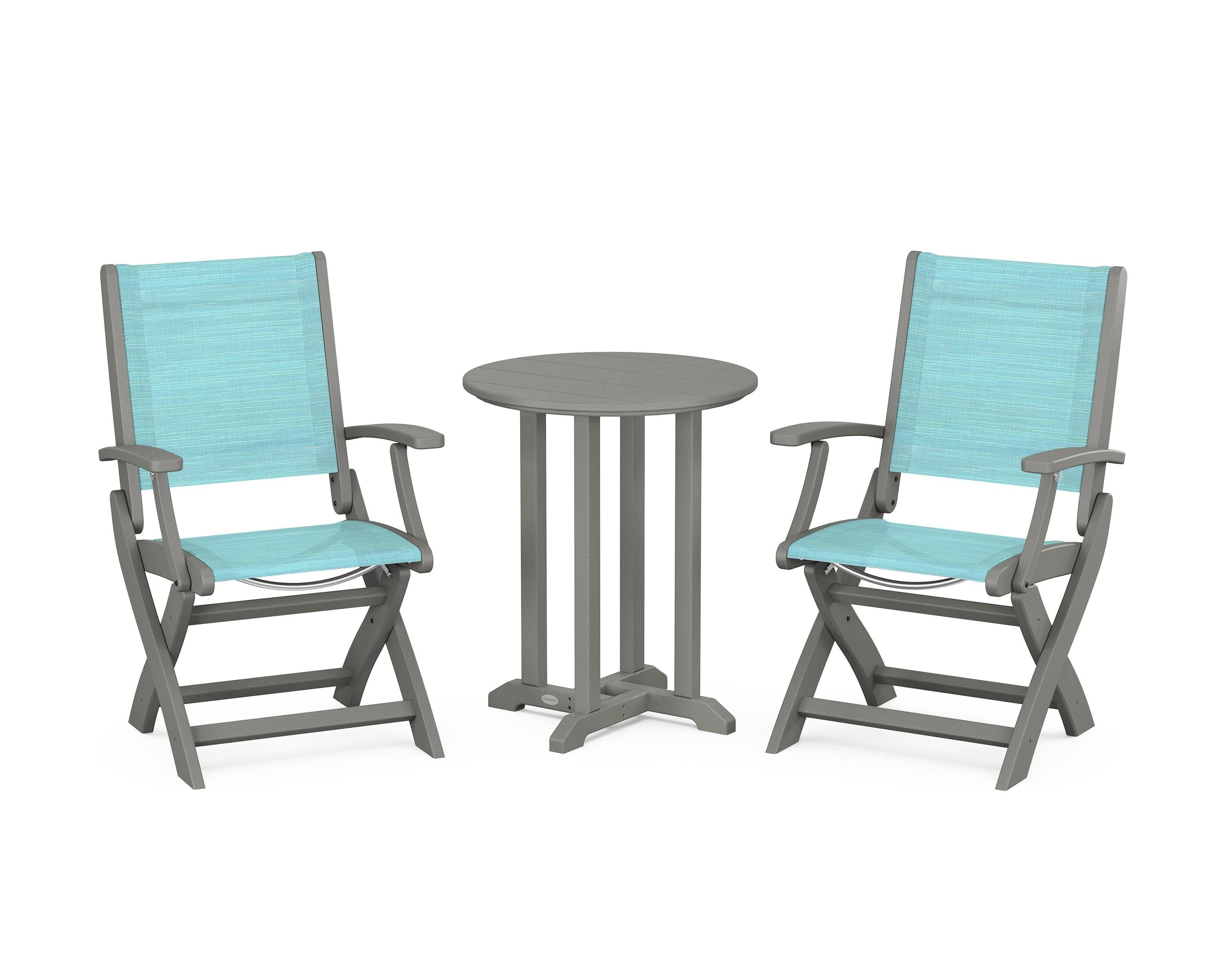 POLYWOOD Coastal Folding 3-Piece Round Bistro Dining Set in Slate Grey / Dupioni Aquamarine Sling