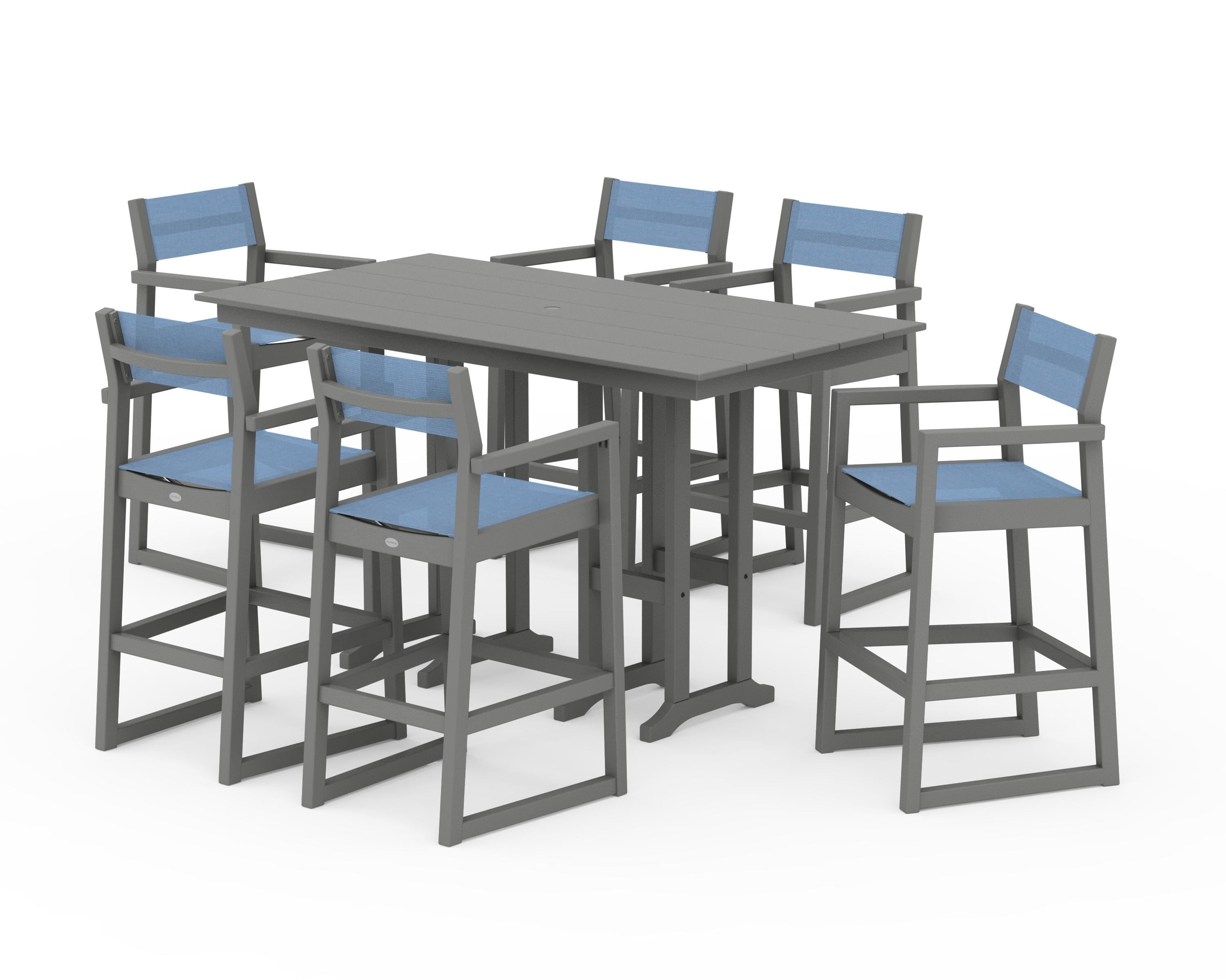 POLYWOOD EDGE Sling Arm Chair 7-Piece Farmhouse Bar Set in Slate Grey / Poolside Sling