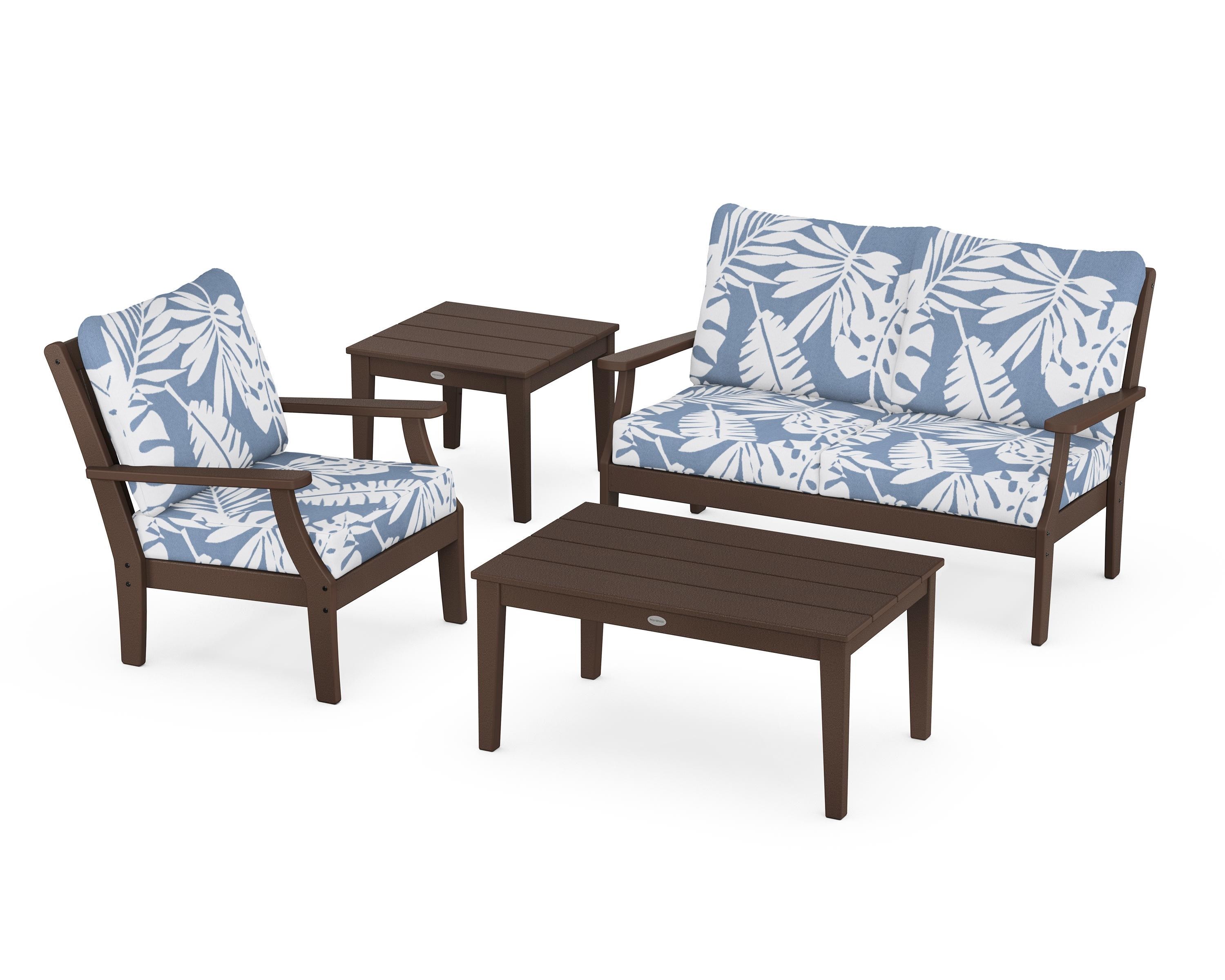 POLYWOOD Braxton 4-Piece Deep Seating Set in Mahogany / Leaf Sky Blue
