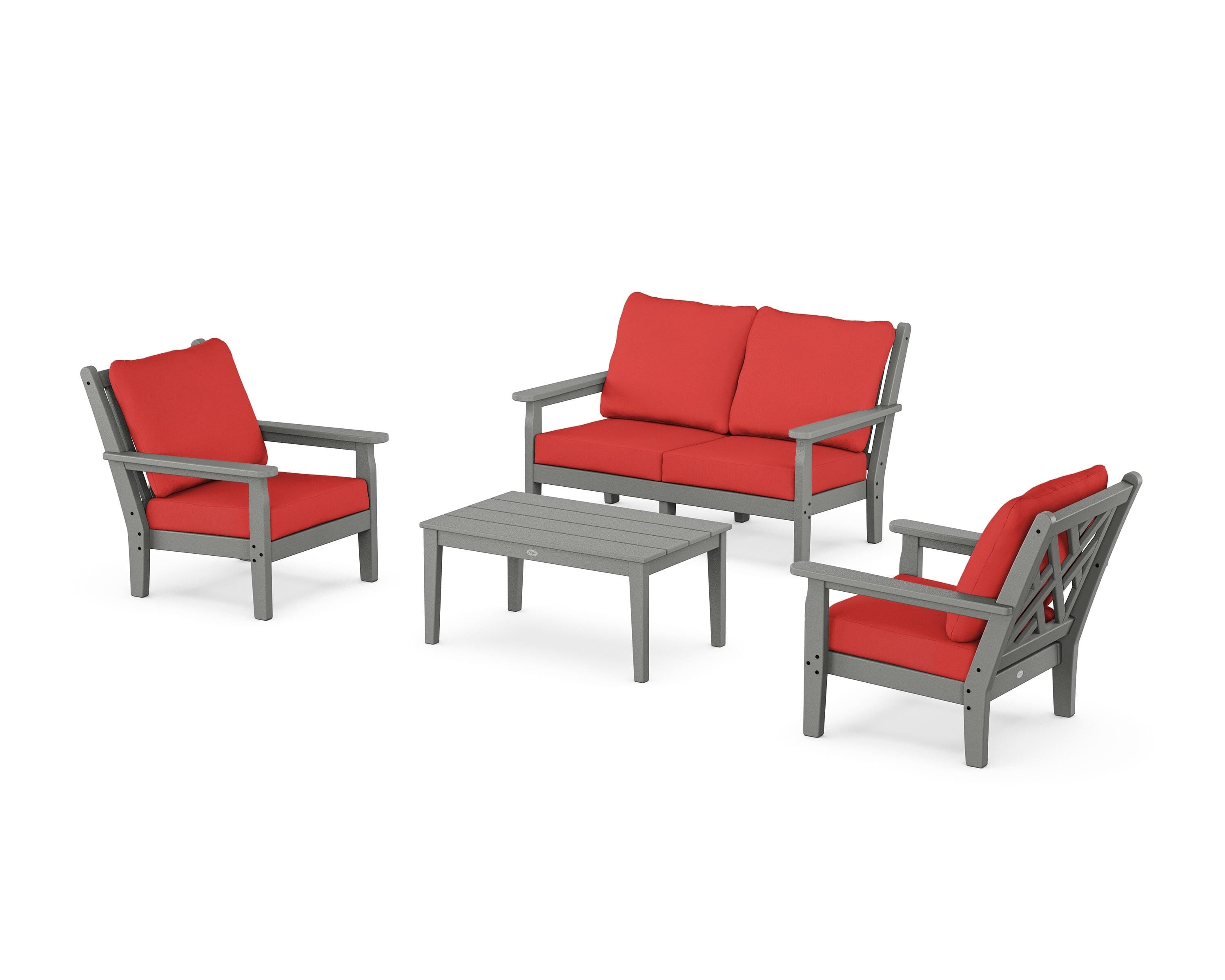 POLYWOOD Chippendale 4-Piece Deep Seating Set with Loveseat in Slate Grey / Crimson Linen