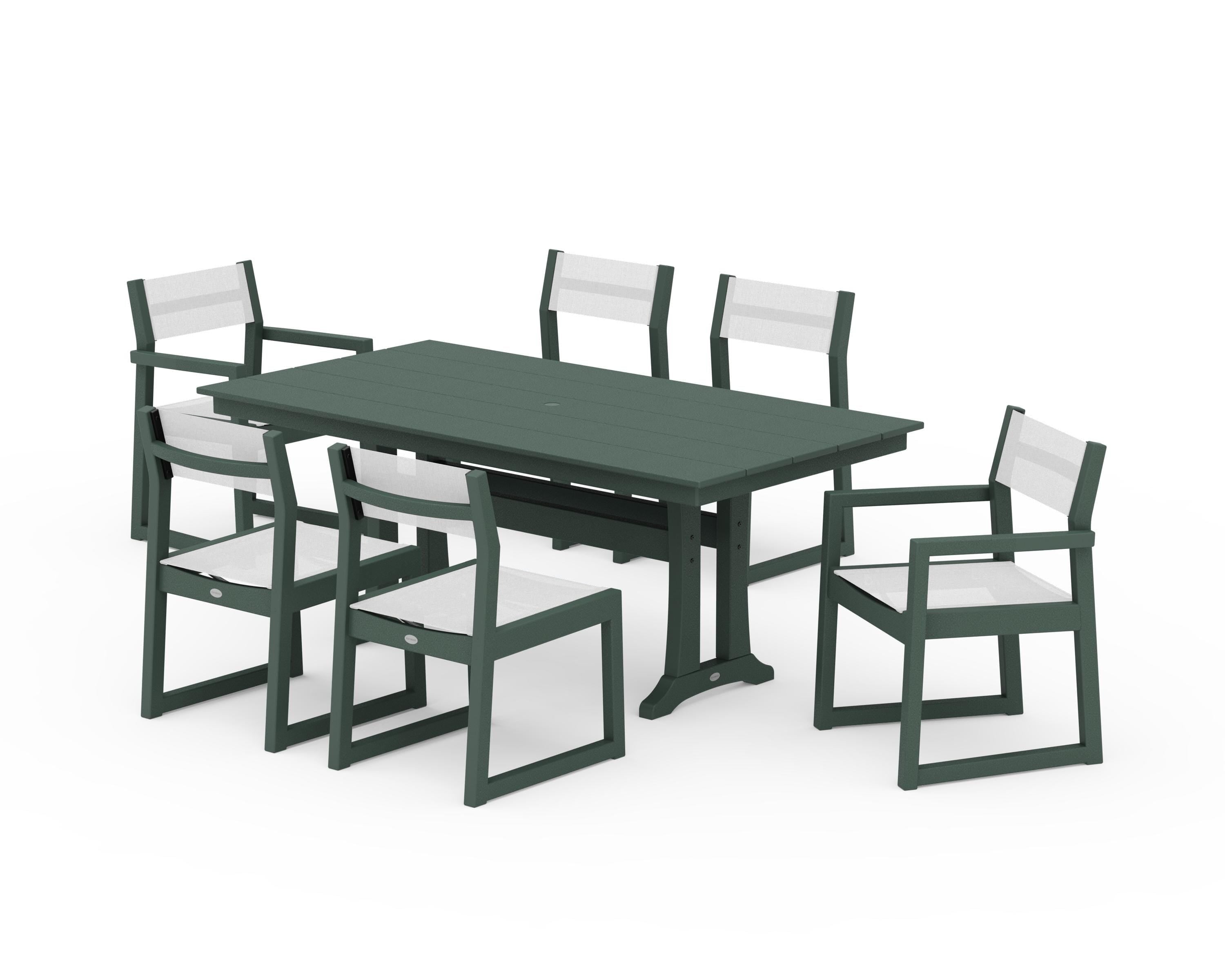 POLYWOOD EDGE Sling 7-Piece Farmhouse Trestle Dining Set in Green / White Sling