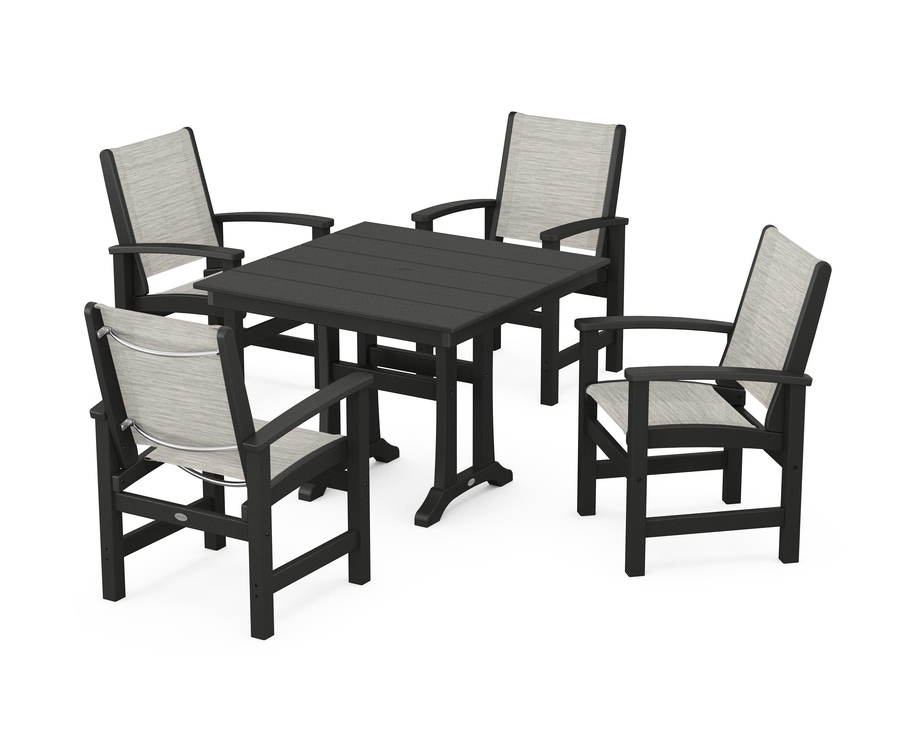POLYWOOD Coastal 5-Piece Farmhouse Dining Set With Trestle Legs in Black / Birch Sling