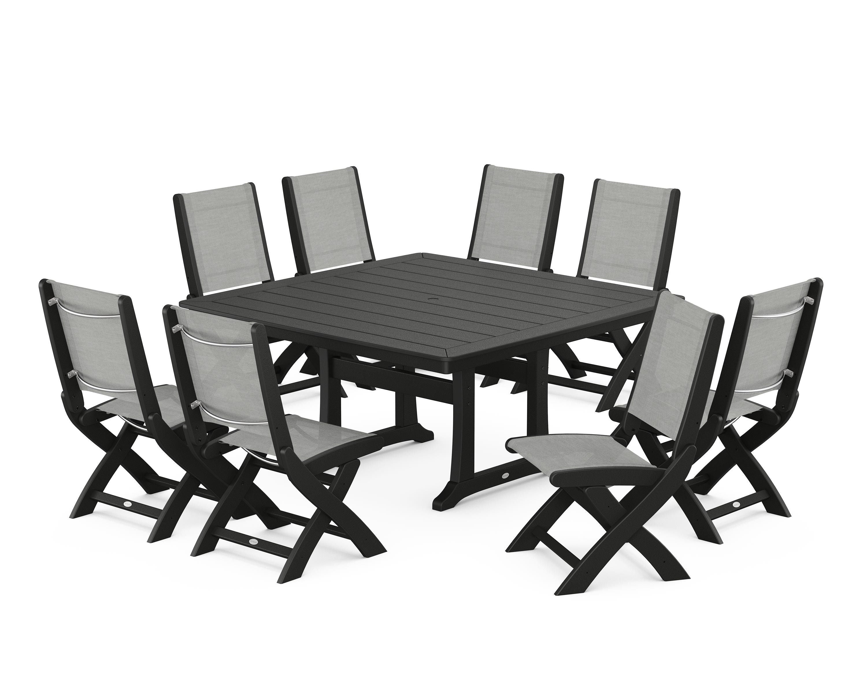 POLYWOOD Coastal Folding Side Chair 9-Piece Dining Set with Trestle Legs in Black / Metallic Sling