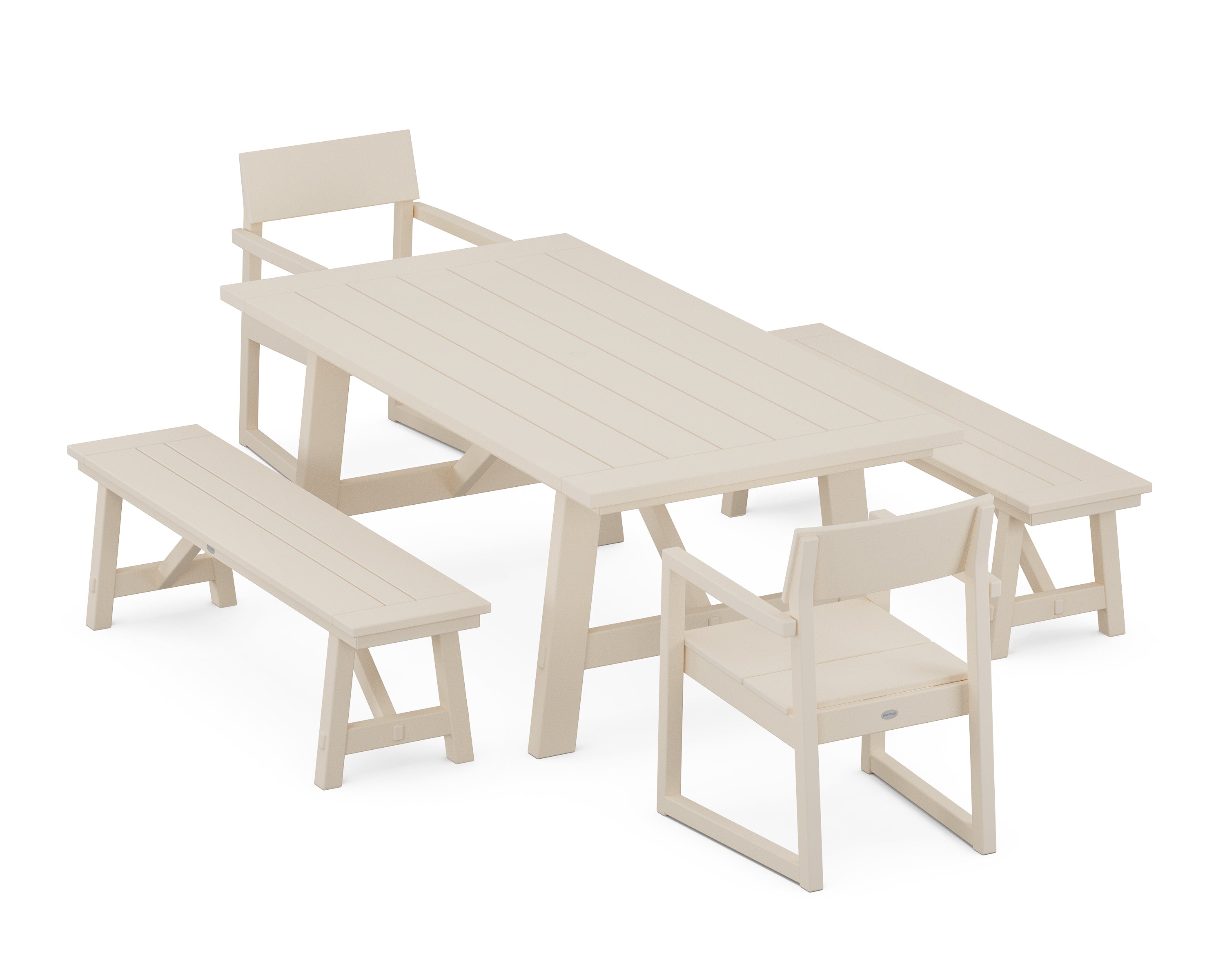 POLYWOOD® EDGE 5-Piece Rustic Farmhouse Dining Set With Benches in Sand