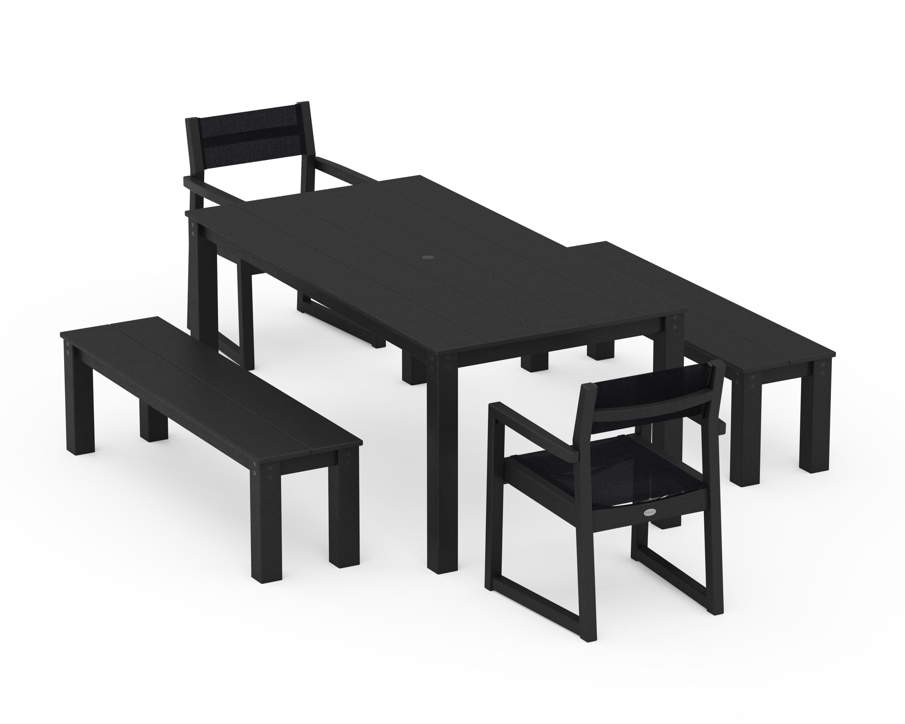 POLYWOOD EDGE Sling Arm Chair 5-Piece Parsons Dining Set with Benches in Black / Black Sling