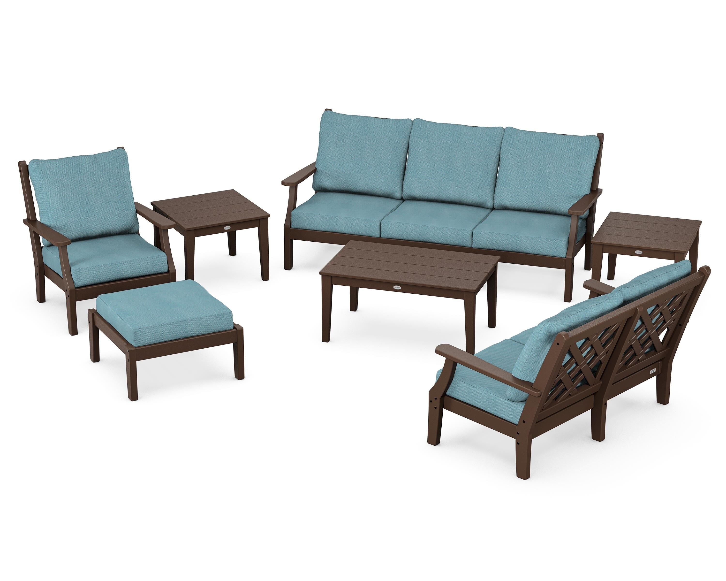 Country Living Wovendale 7-Piece Deep Seating Set in Mahogany / Lattice Sky Blue