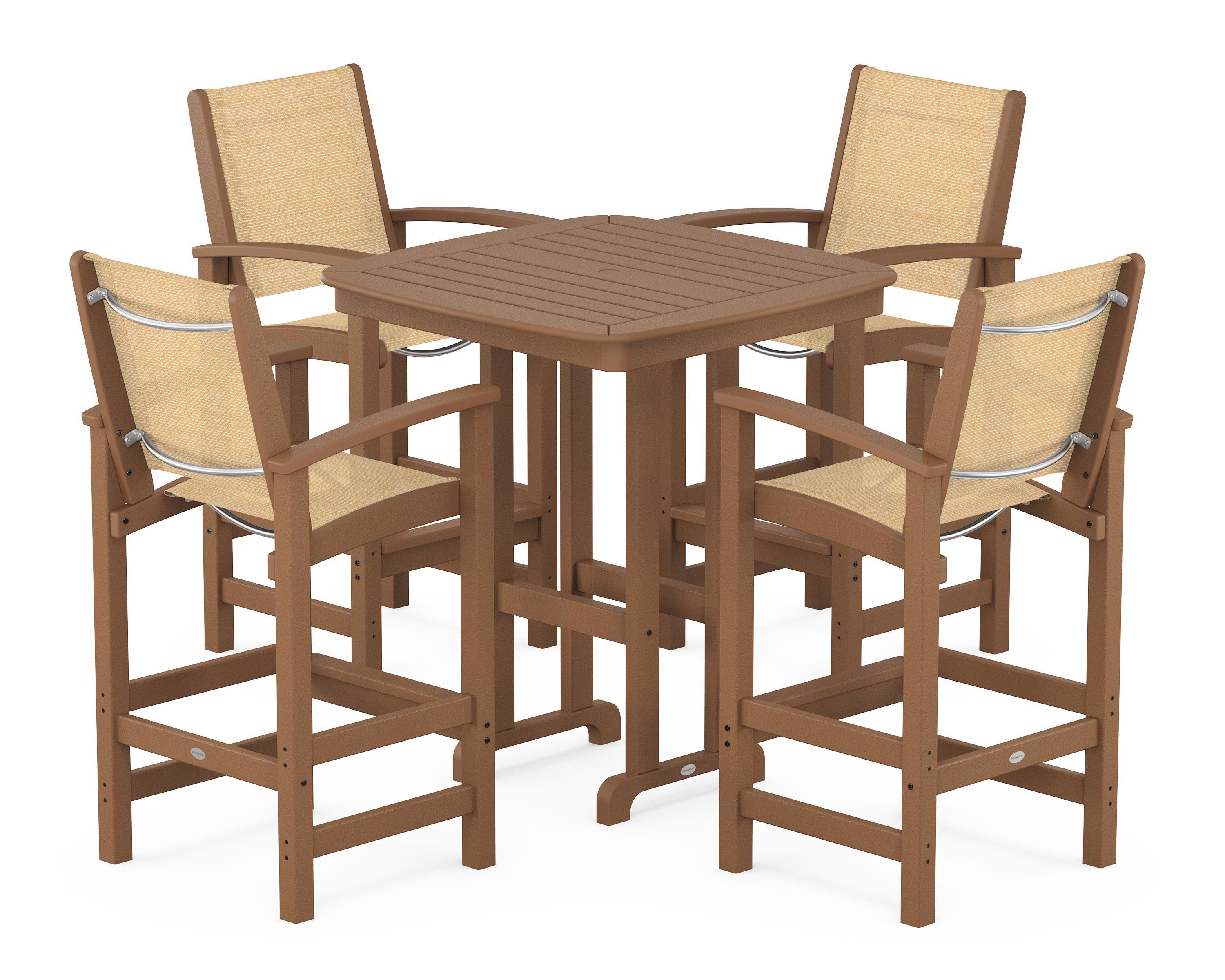 POLYWOOD Coastal 5-Piece Bar Set in Teak / Dupioni Apricot Sling
