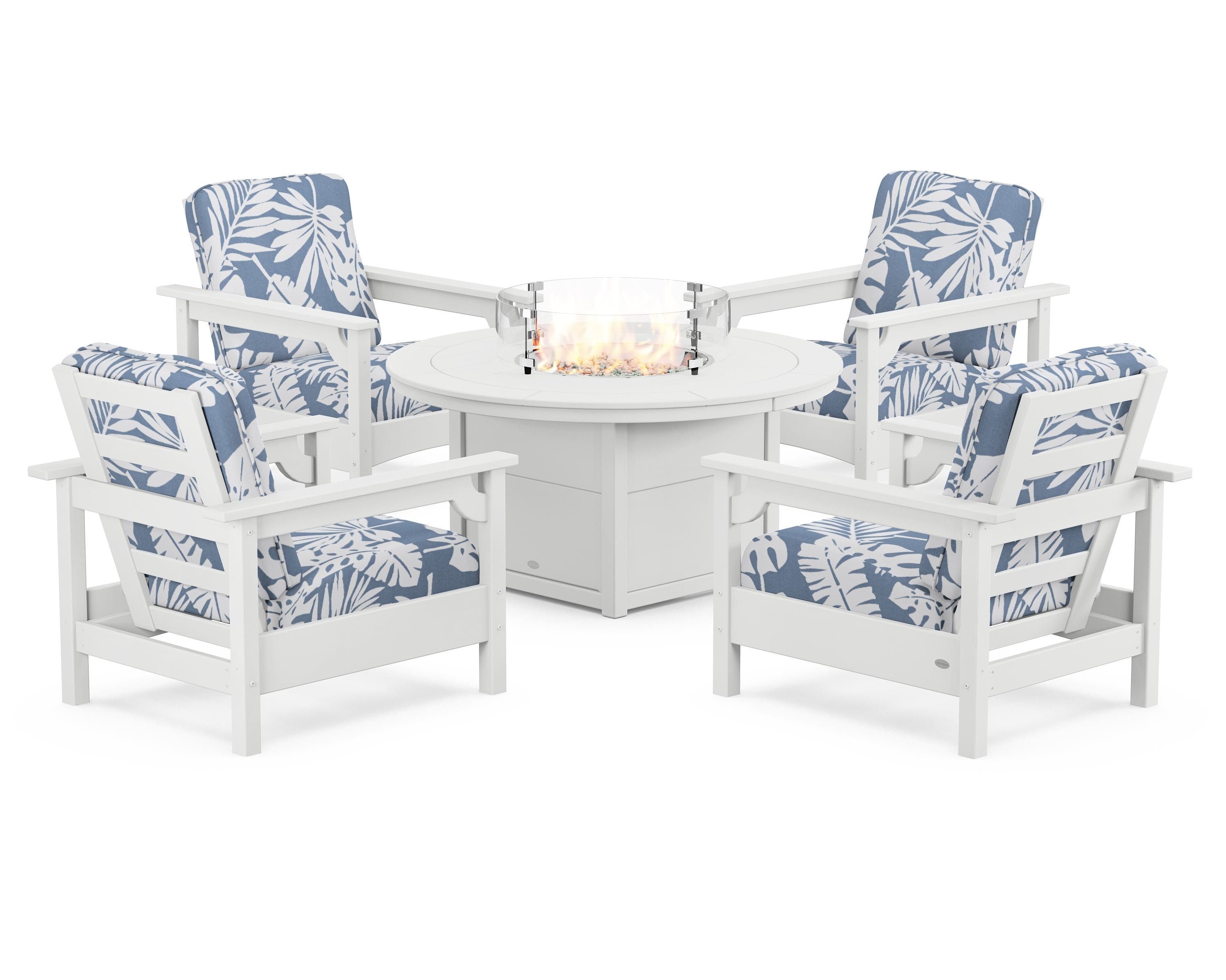 POLYWOOD Club 5-Piece Conversation Set with Fire Pit Table in White / Leaf Sky Blue
