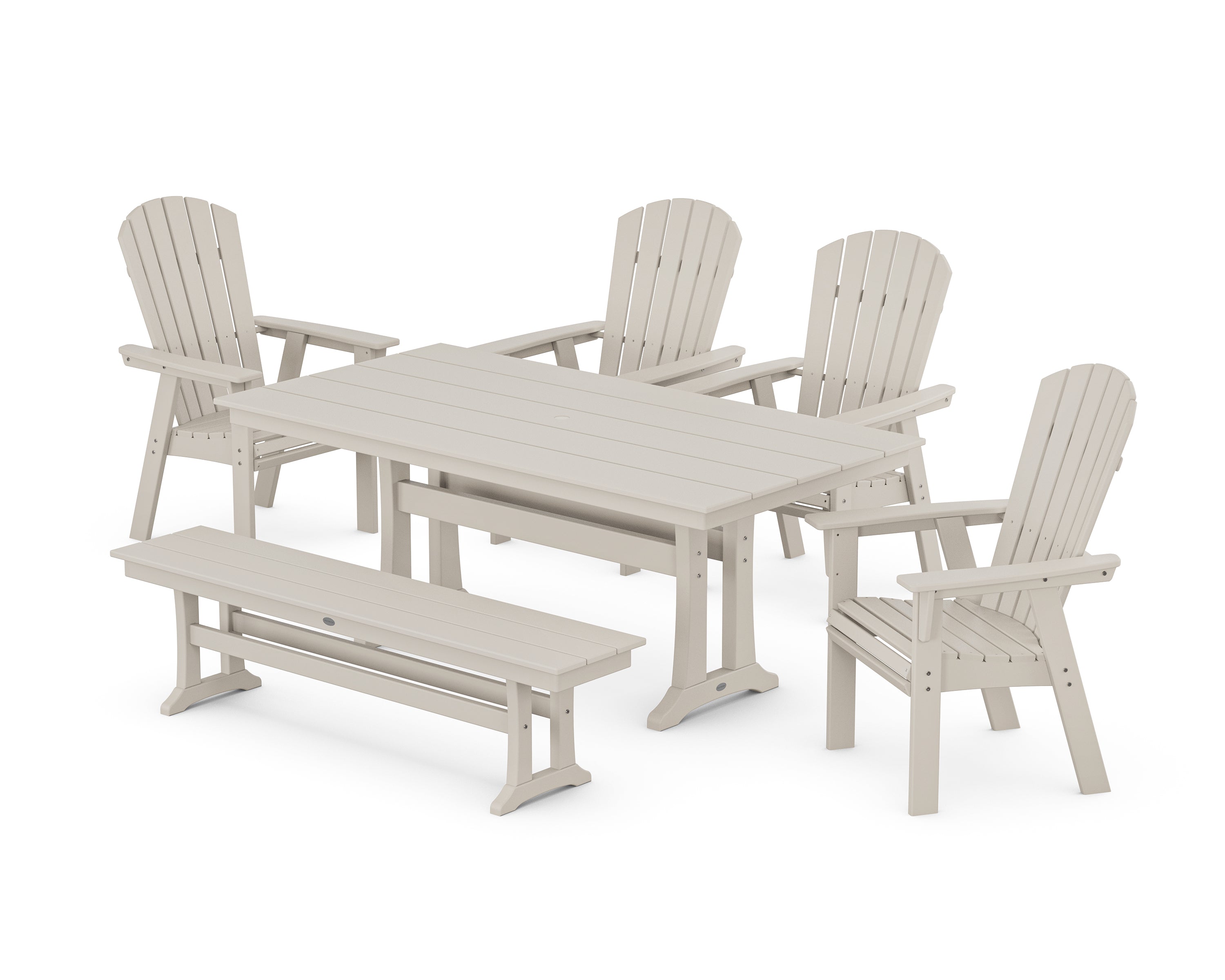 POLYWOOD Nautical Curveback Adirondack 6-Piece Farmhouse Dining Set with Trestle Legs and Bench in Sand